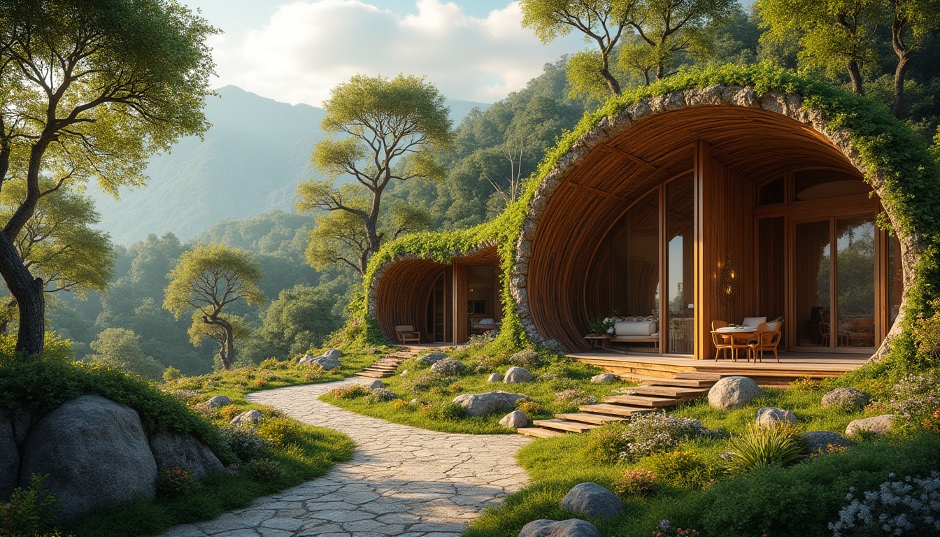 Prompt: Organic architecture, natural materials, earthy tone, curved lines, irregular shapes, wooden beams, stone walls, green roofs, living trees, vines crawling, flowers blooming, warm sunlight, soft shadows, serene atmosphere, peaceful surroundings, forest, mountains, rural area, panoramic view, 3/4 composition, natural light, cinematic ambiance.