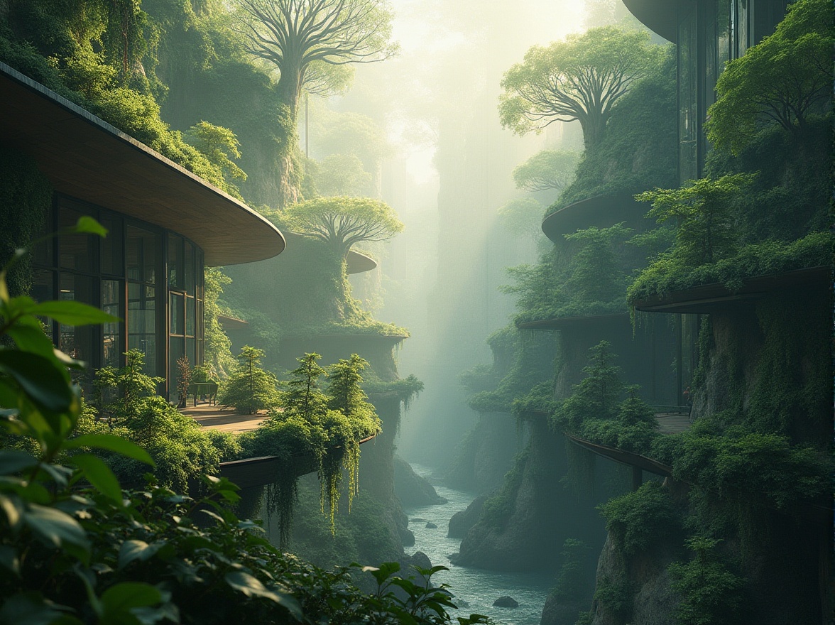 Prompt: Surreal landscape integration, blending with nature, futuristic architecture, curved lines, glass facade, steel beams, lush greenery, vines crawling up walls, trees growing out of buildings, misty atmosphere, soft fog, warm sunlight filtering through leaves, shallow depth of field, cinematic composition, 3/4 view, high-angle shot, dramatic lighting, vibrant colors, fantasy world, dreamlike ambiance.