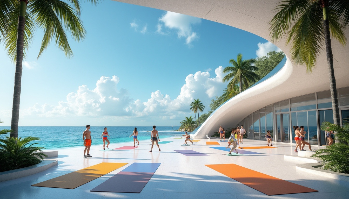 Prompt: Futuristic island gymnasium, modern architecture, sleek lines, curved roof, large glass windows, ocean view, sunny day, blue sky, fluffy white clouds, tropical plants, palm trees, outdoor fitness area, state-of-the-art equipment, colorful exercise mats, dynamic lighting, 3/4 composition, shallow depth of field, vibrant colors, athletic wear, fit bodies, energetic movements, morning light, refreshing atmosphere, futuristic materials, metallic texture, minimalist interior design.