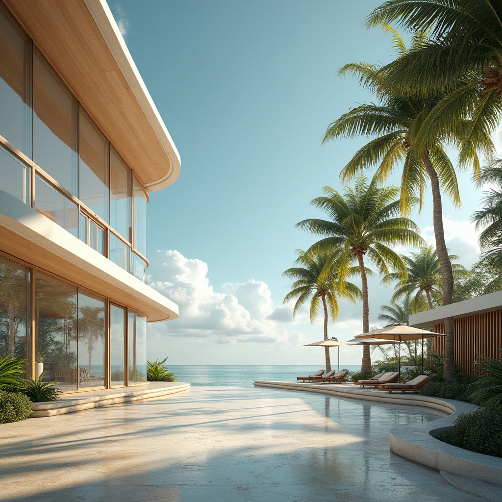 Prompt: Modern tropical island gymnasium, futuristic architecture, curved lines, glass walls, wooden accents, natural ventilation, open spaces, bright lighting, ocean views, palm trees surrounding, sandy beach background, blue sky, white puffy clouds, 3/4 composition, low-angle shot, warm sunlight, realistic rendering.