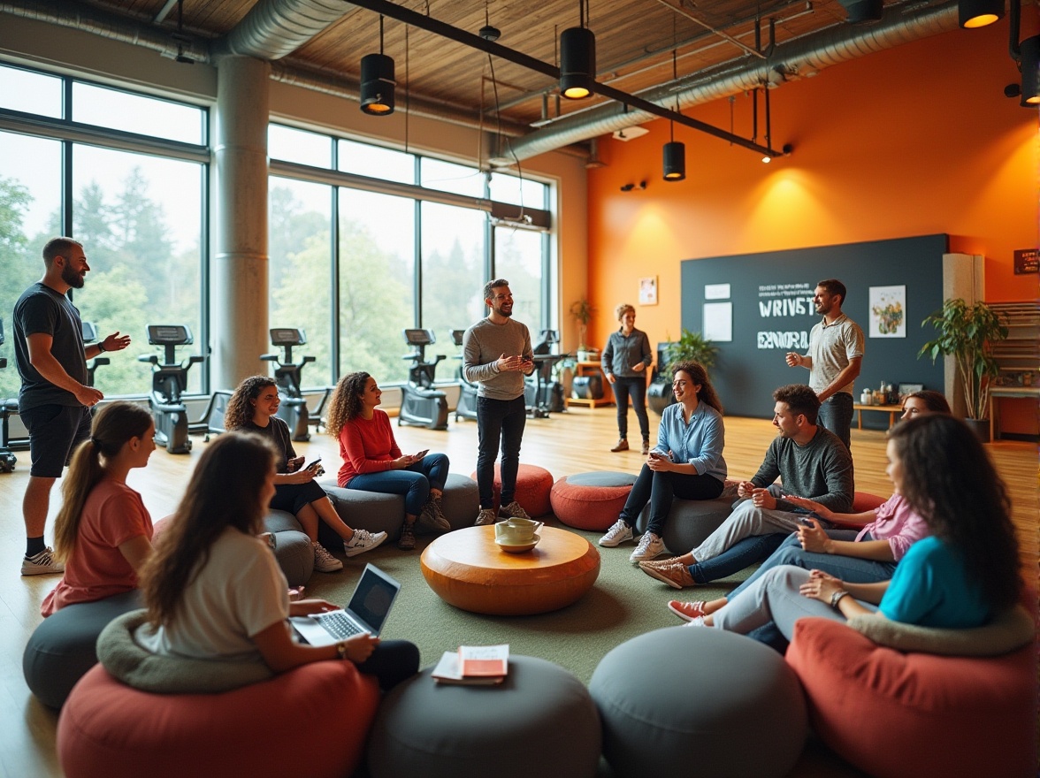 Prompt: Modern gymnasium interior, vibrant colors, natural light pouring through floor-to-ceiling windows, rows of exercise equipment, wooden flooring, motivational quotes on walls, community engagement area, circular seating arrangement, plush cushions, wooden tables, laptops and notebooks scattered, diverse group of people, different ages, ethnicities, and abilities, interacting with each other, laughing, gesturing, taking notes, fitness instructors guiding, softbox lighting, warm atmosphere, depth of field, 3/4 composition, slight Dutch angle, shallow focus, bright color palette.