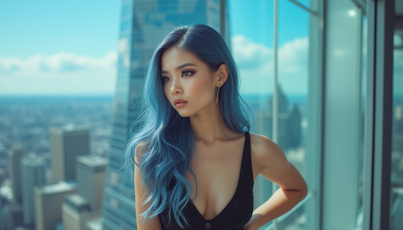 Prompt: Modern, trendy woman, 20s, blue violet hair, bold makeup, smoky eyes, glossy lips, sleek shoulder, fitted waist, long legs, high heels, fashionista, posing, cityscape, skyscraper, glass window, steel structure, urban jungle, bright sunlight, shallow depth of field, vibrant colors, high contrast, cinematic composition.