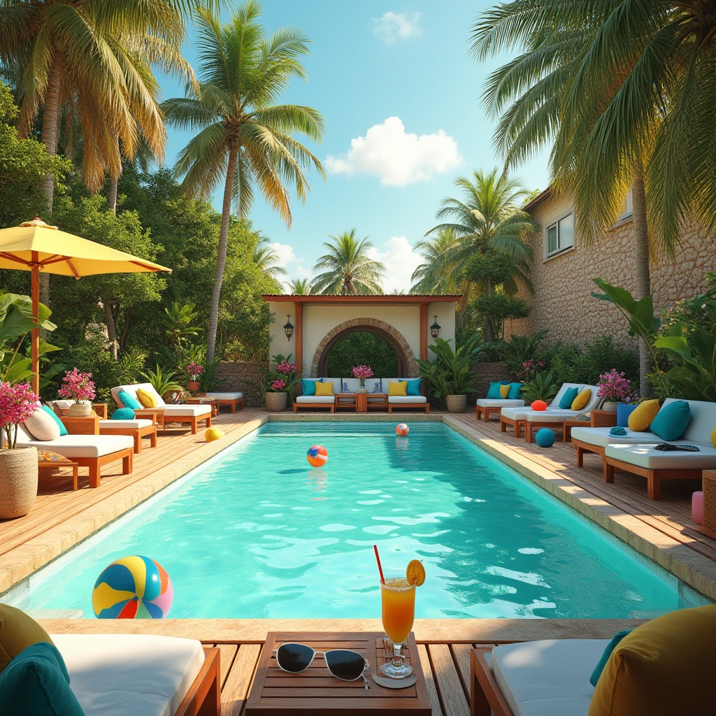 Prompt: Vibrant poolside scene, sunny afternoon, bright turquoise water, surrounding deck with lounge chairs, colorful beach balls, tropical palm trees, exotic flowers, lush greenery, warm stone walls, outdoor furniture with pillows, refreshing cocktails, sunglasses, summer vibes, natural ambiance, shallow depth of field, warm lighting, 3/4 composition.