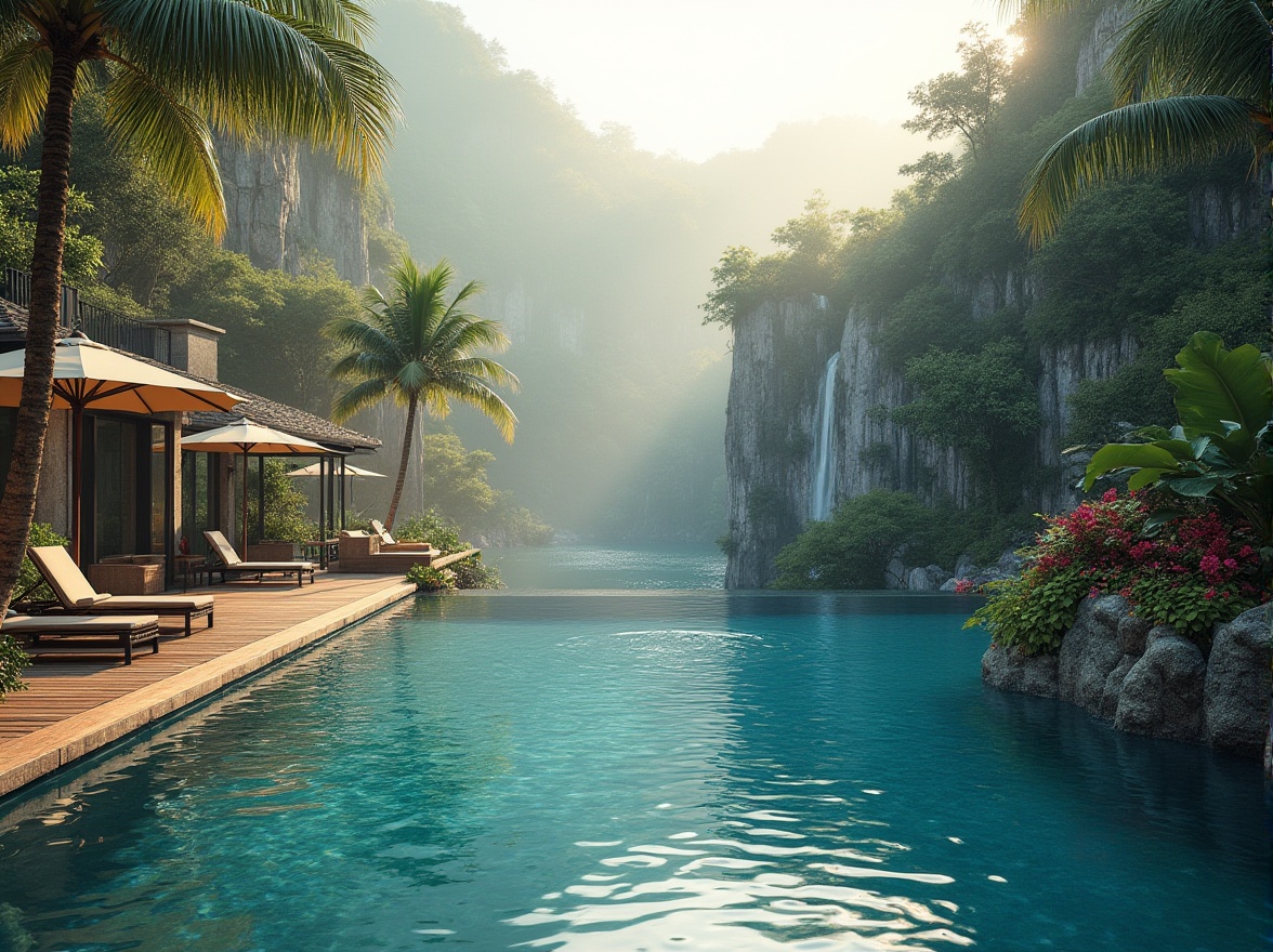 Prompt: Luxurious swimming pool, integration with natural landscape, tropical plants, palm trees, colorful flowers, waterfalls, rocky formations, wooden decking, lounge chairs, umbrellas, infinity edge blending with surrounding hills, misty morning atmosphere, warm sunlight casting long shadows, rippling water reflecting the surroundings, serene ambiance, 3/4 composition, soft focus on background, vivid colors, HDR.