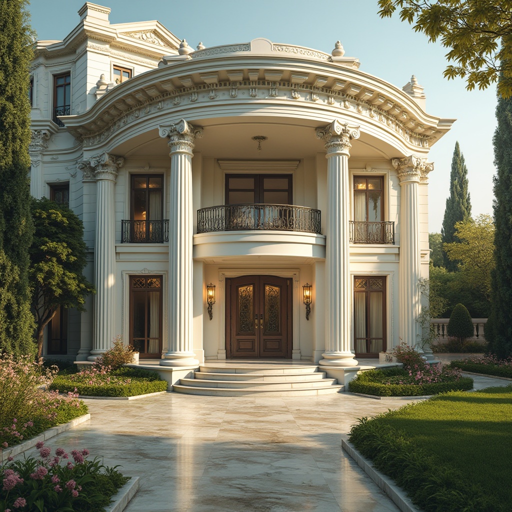 Prompt: Neoclassical architecture, luxurious villa, residential area, elegant columns, ornate facade, grand entrance, marble floors, high ceilings, symmetrical composition, perfectly manicured lawn, tall trees, blooming flowers, serene atmosphere, warm sunlight, soft shadows, 3/4 angle view, depth of field, cinematic lighting, realistic textures.