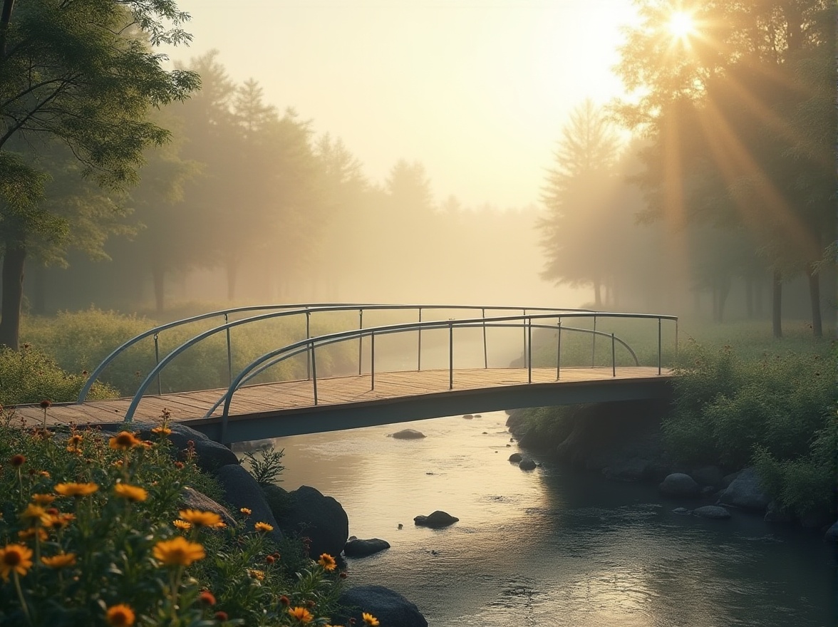 Prompt: Minimalist bridge, modern simplicity, sleek lines, silver metal beams, subtle curves, wooden plank walkway, sparse railings, transparent glass barriers, misty morning fog, soft golden light, gentle river flow, lush greenery surroundings, vibrant wildflowers blooming, serene natural atmosphere, 3/4 composition, cinematic wide-angle shot, shallow depth of field, warm and inviting ambient lighting.