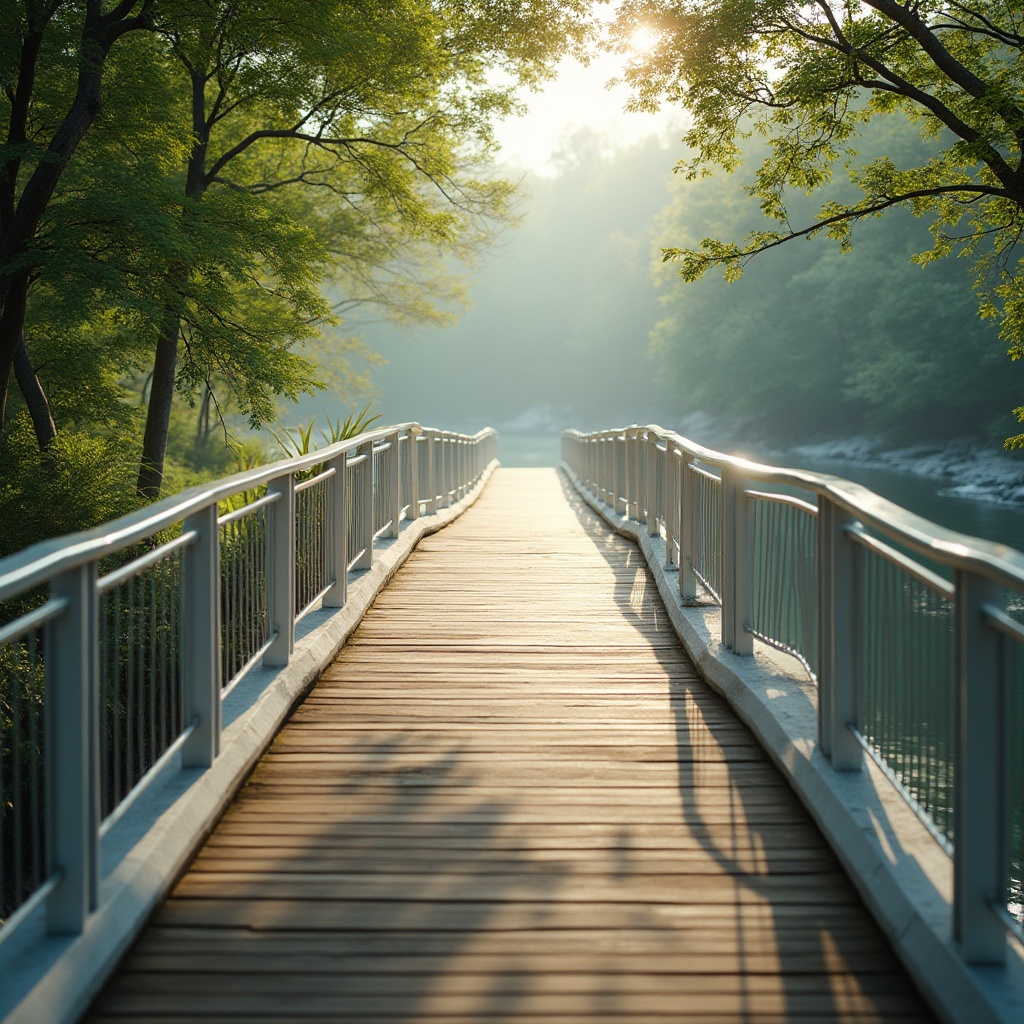 Prompt: Minimalist pedestrian bridge, modern design, simple lines, white paint, silver railings, wooden flooring, soft brown wood tone, subtle texture, gentle curves, calm atmosphere, serene natural surroundings, river flowing underneath, lush greenery, overhanging trees, dappled sunlight filtering through leaves, misty morning, warm ambient lighting, cinematic composition, 3/4 view, low angle shot.