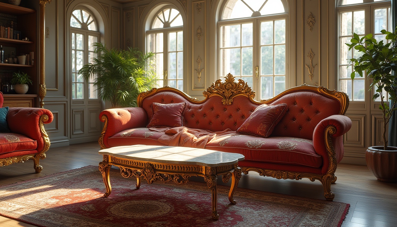 Prompt: Luxury furniture, velvet sofa, golden metal frame, carved wooden legs, marble tabletop, ornate decorations, soft cushions, rich embroidery, regal atmosphere, Victorian style, spacious living room, large windows, natural light, morning sunbeams, quiet neighborhood, urban residence.