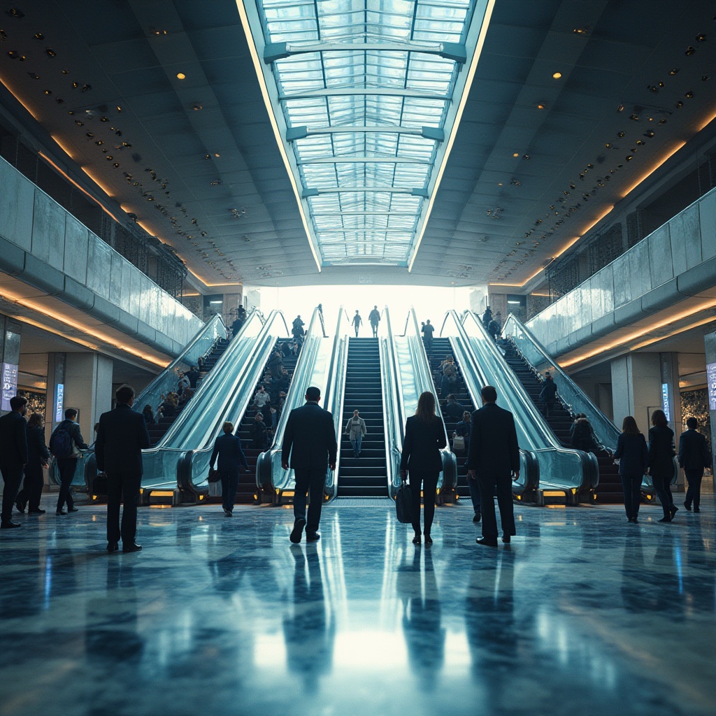 Prompt: Modern metro station, futuristic architecture, sleek lines, metallic materials, LED lights, neon signs, urban cityscape, bustling streets, morning rush hour, commuters in suits, briefcases, coffee cups, dynamic angles, low-angle shot, symmetrical composition, vibrant colors, reflective surfaces, glass ceiling, escalators, staircases, marble floors, subtle textures, softbox lighting.