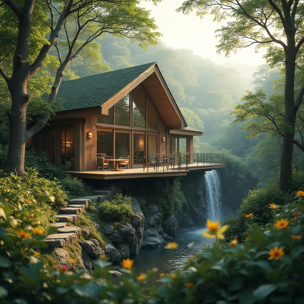 Prompt: Elegant villa, modern architecture, green roof, solar panels, large windows, sliding glass doors, wooden deck, merging with nature, lush green forest, tall trees, blooming flowers, winding stone path, serene waterfall, misty atmosphere, warm sunlight filtering through leaves, natural materials, rustic texture, harmony between human-made and natural elements, peaceful ambiance, 3/4 composition, cinematic lighting.