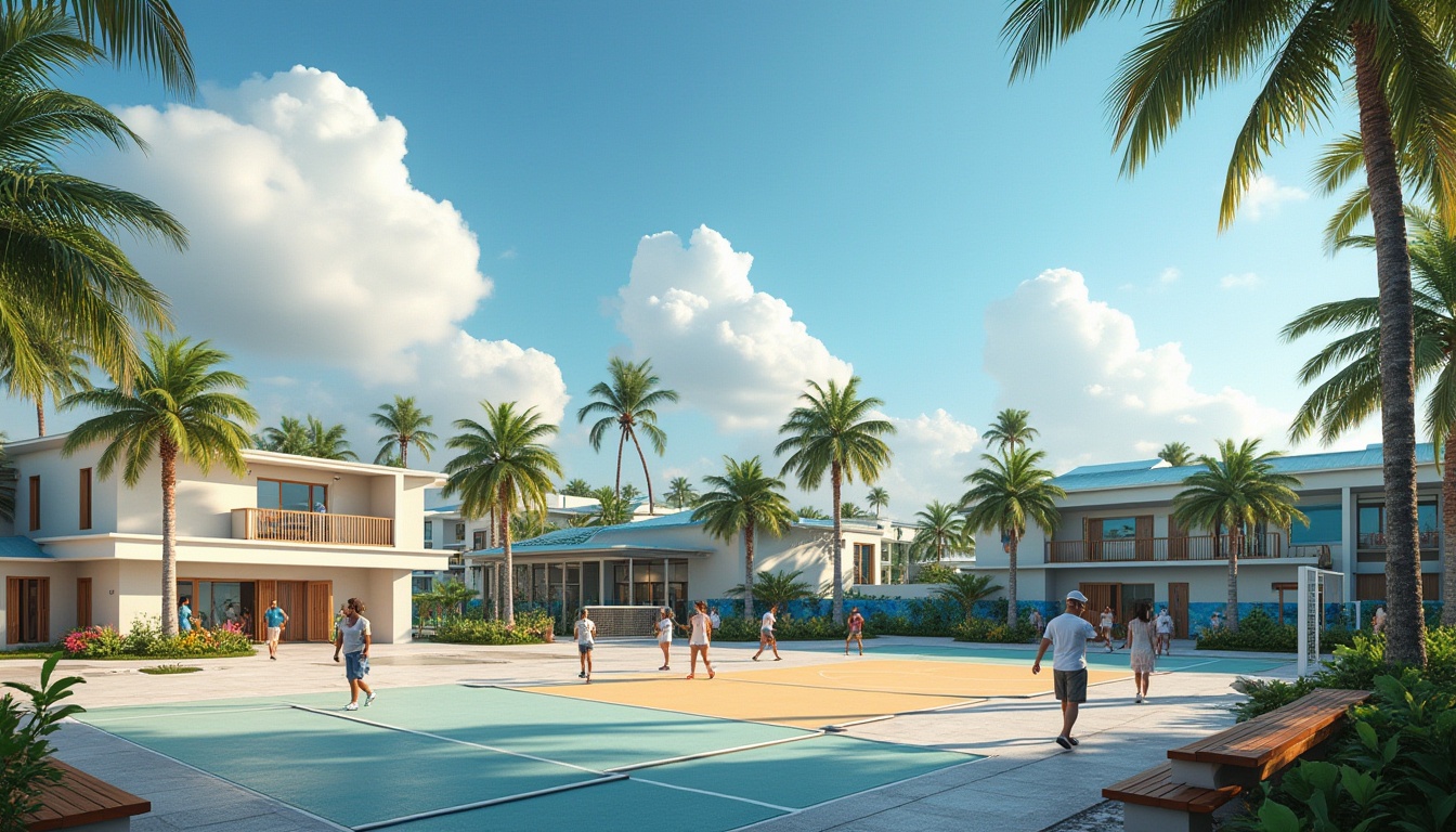 Prompt: Modern island gymnasium social housing project, tropical architecture style, white concrete buildings with blue roofs, large windows, sliding glass doors, palm trees surrounding the complex, outdoor fitness area, basketball court, soccer field, tennis court, community garden, vibrant colorful murals, wooden benches, residents exercising or playing sports, sunny day, clear blue sky, fluffy white clouds, 3/4 composition, warm ambient lighting, natural textures, HDR.