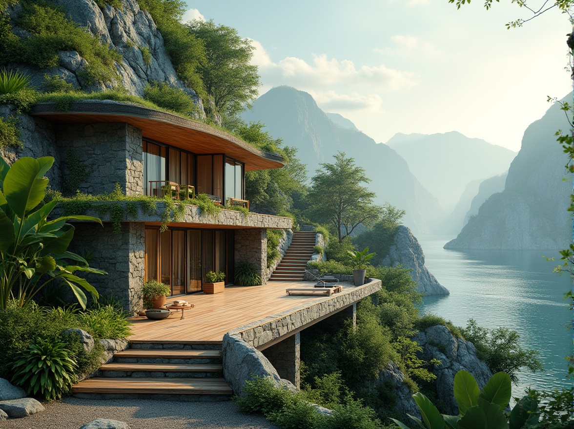 Prompt: Landscape integration, blending architecture with nature, modern villa, curved lines, green roof, wooden deck, floor-to-ceiling windows, seamless transition, natural stone walls, lush greenery, tropical plants, winding staircase, panoramic view, misty mountains, serene lake, sailboats, warm sunlight, soft focus, cinematic composition, 3/4 shot, natural textures, realistic details.