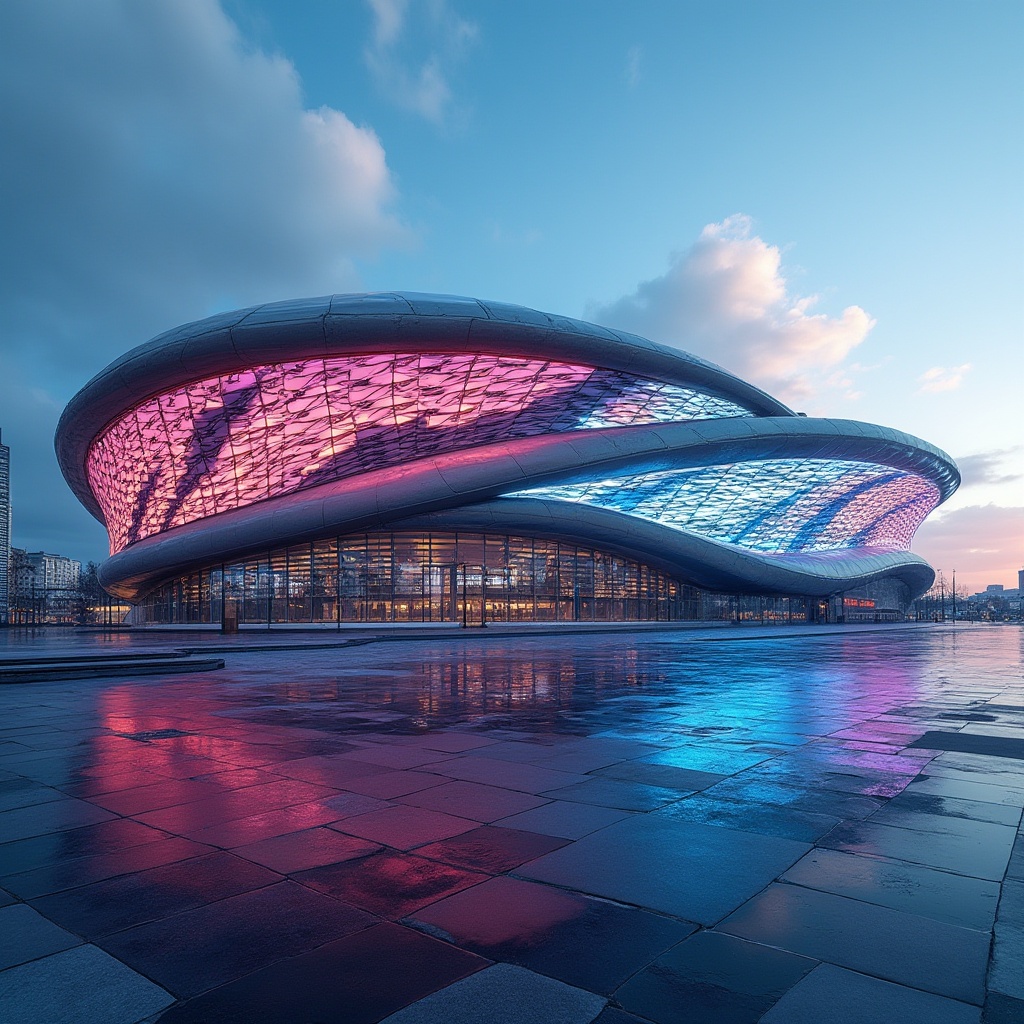 Prompt: Modern stadium facade, futuristic design, curved lines, geometric shapes, LED lights, vibrant colors, dynamic pattern, abstract texture, steel structure, glass material, reflective surface, angular composition, symmetrical balance, urban cityscape background, sunny day, clear blue sky, soft cloud, dramatic shadow, high contrast lighting.