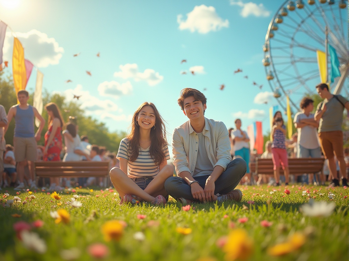 Prompt: Vibrant color palette, bright sunny day, outdoor scenery, warm atmosphere, joyful mood, spectators in casual wear, smiling faces, gentle breeze, fluttering flags, blooming flowers, lush green grass, wooden benches, distant Ferris wheel, soft clouds, clear blue sky, cinematic composition, 3/4 view, shallow depth of field, vivid saturation.