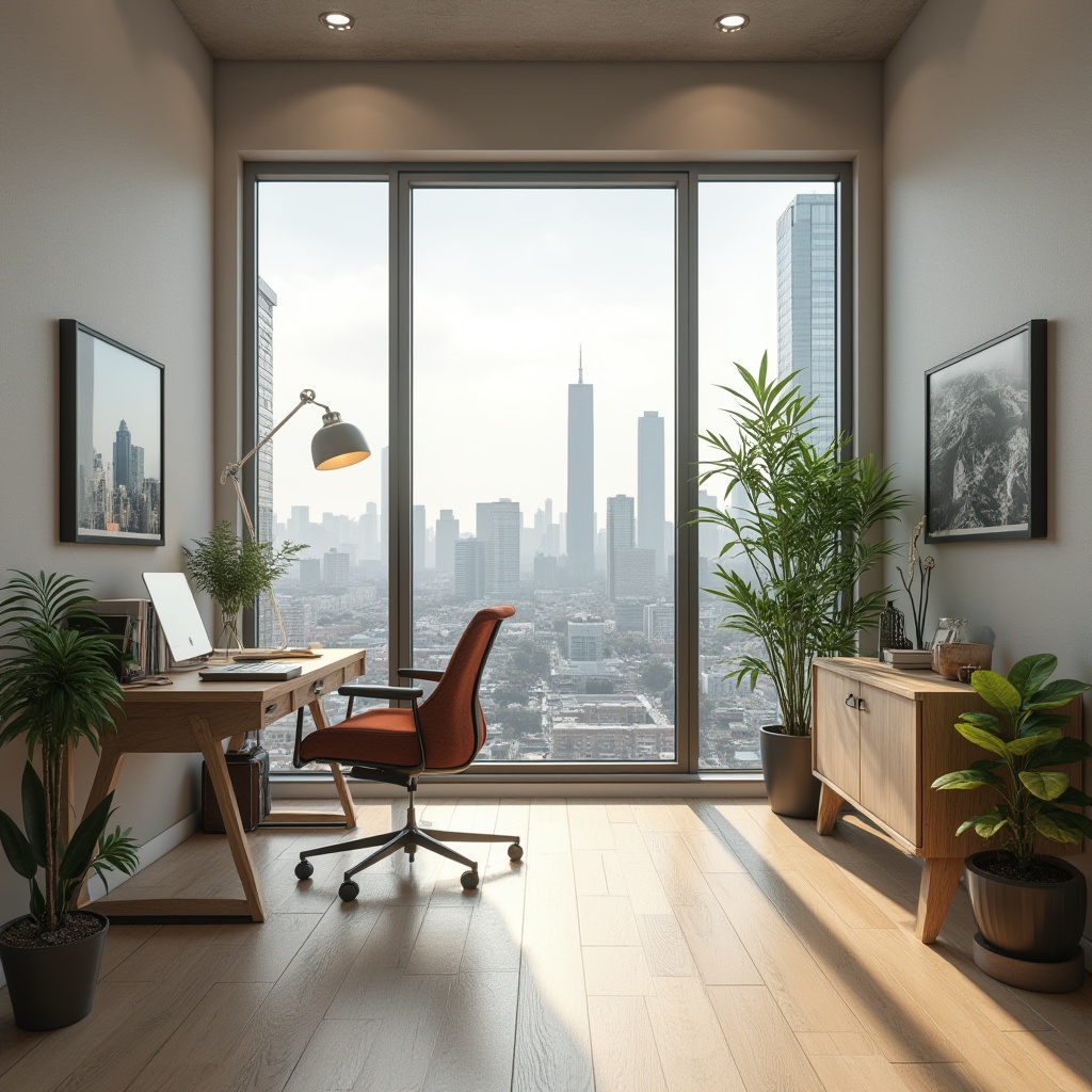 Prompt: Modern office interior, functional layout, efficiency design, minimalist style, wooden desk, ergonomic chair, simple bookshelf, green plants, large window, natural light, cityscape view, skyscraper background, 3/4 composition, softbox lighting, morning atmosphere.