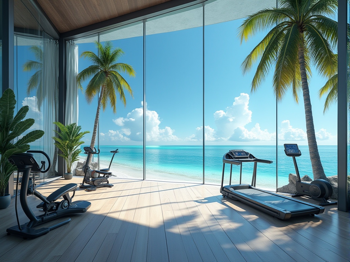 Prompt: Modern island gymnasium, futuristic architecture, sleek lines, glass walls, steel beams, minimalist design, high ceiling, LED lighting, polished wooden floors, state-of-the-art exercise equipment, virtual fitness screens, floor-to-ceiling windows overlooking turquoise ocean waters, palm trees swaying in the breeze, sunny day, blue skies with few puffy clouds, dramatic shadows, 3/4 composition, shallow depth of field, vibrant color palette, high contrast, futuristic ambiance.