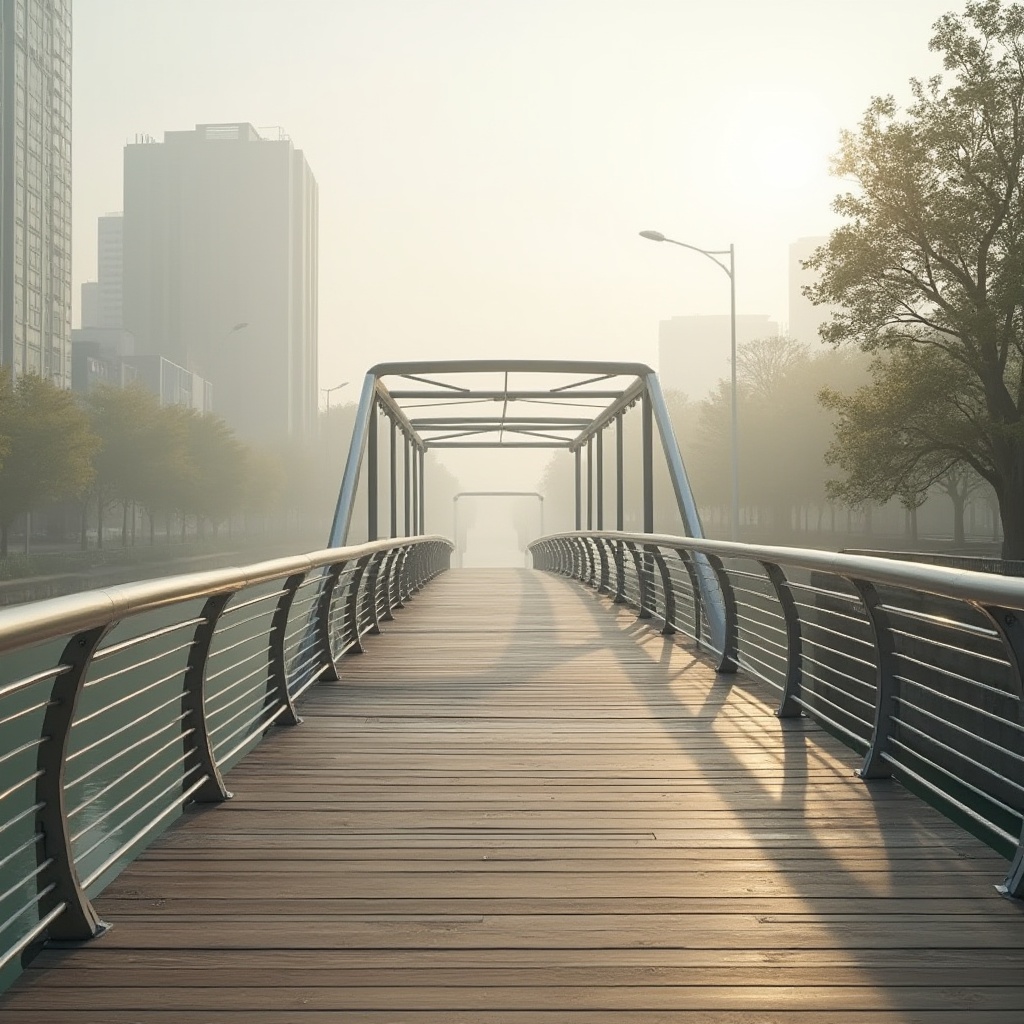 Prompt: Minimalist pedestrian bridge, modern design, sleek lines, silver metal beams, wooden deck, simple railings, gentle arches, subtle shadows, misty morning fog, soft natural light, serene atmosphere, riverbank, urban landscape, calm water reflection, lush greenery, few pedestrians walking, peaceful ambiance, warm beige tone, cool grey accents, earthy brown undertones, soft pastel highlights, 3/4 composition, shallow depth of field.