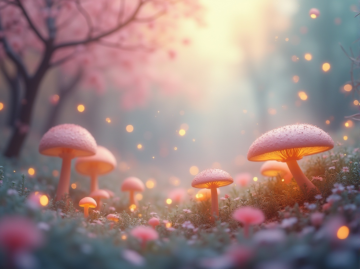 Prompt: Vibrant color palette, pastel hues, soft pink, baby blue, creamy white, warm beige, gentle yellow, misty purple, dreamy atmosphere, whimsical setting, fairy tale ambiance, mystical forest, twinkling fireflies, glowing mushrooms, misty dawn, soft focus, shallow depth of field, warm lighting, cinematic composition, romantic mood.