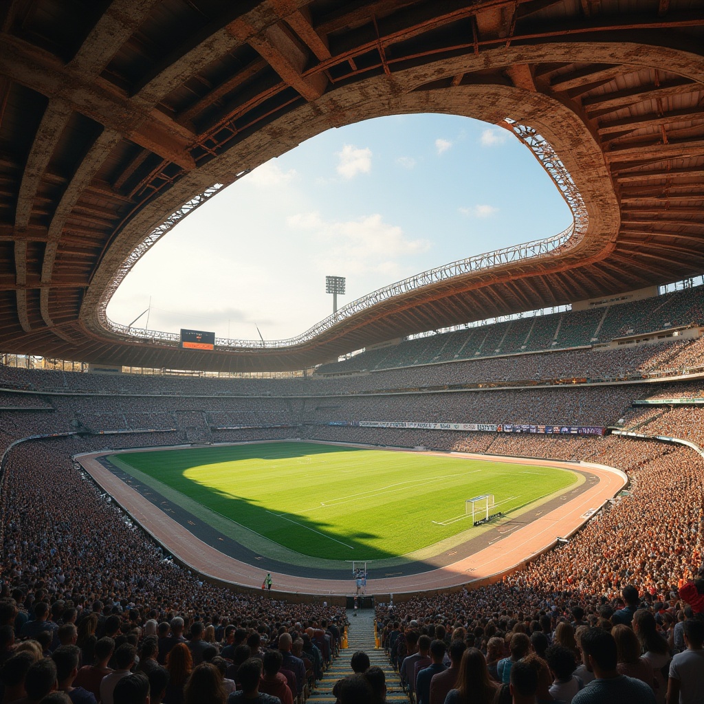 Prompt: Brick material, stadium construction, modern architecture, grand scale, urban landscape, cityscape, afternoon sunlight, dramatic shadows, detailed texture, rough brick surface, rusty metal beams, strong concrete pillars, vibrant green grass, soccer field, athletic track, crowded spectator seats, lively atmosphere, realistic rendering, cinematic lighting, 3/4 composition, wide-angle lens.