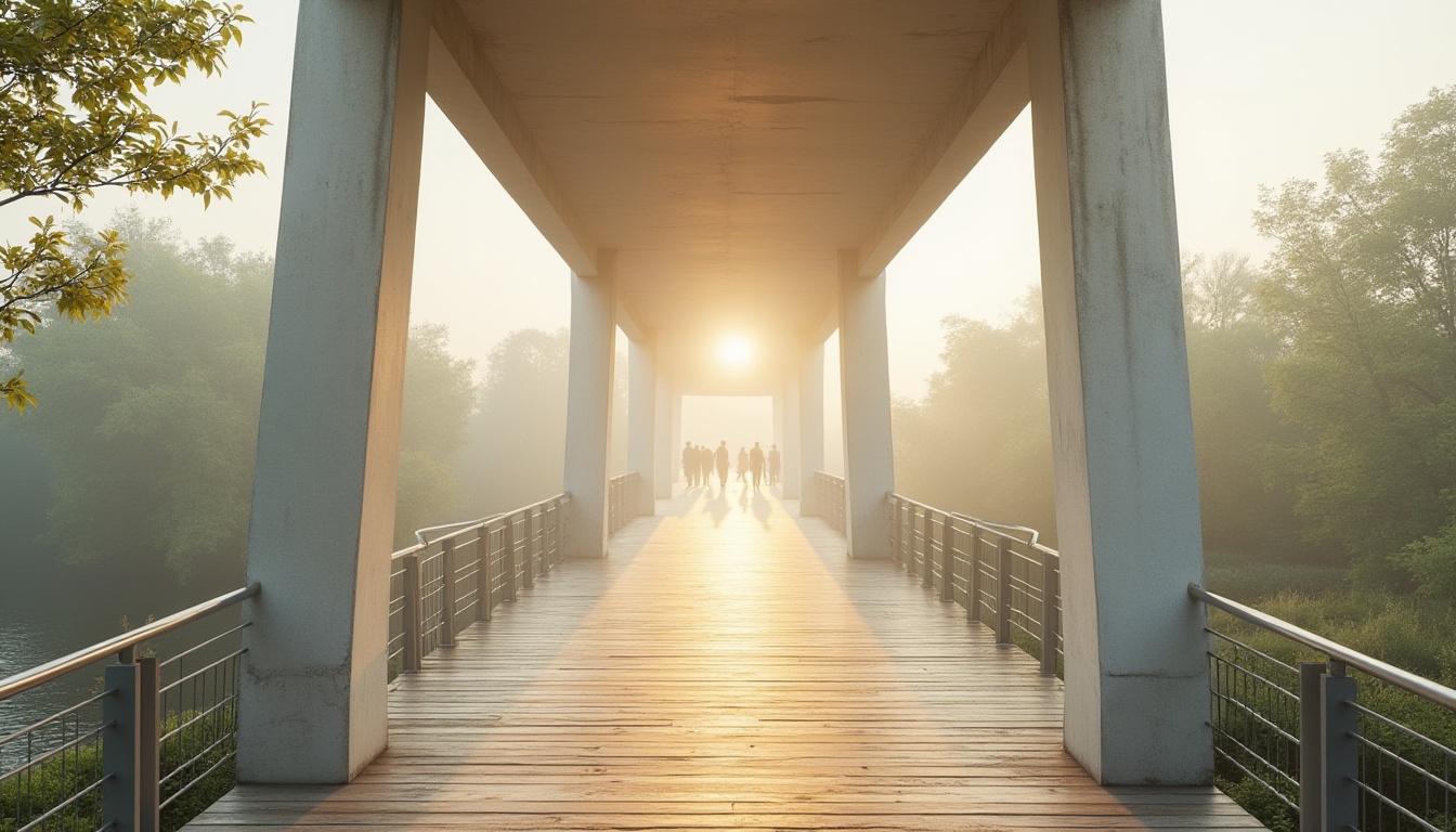 Prompt: Minimalist pedestrian bridge, modern design, simple lines, neutral color palette, beige concrete pillars, silver steel beams, wooden floorboards, subtle texture, soft warm lighting, gentle morning sunlight, misty atmosphere, serene riverbank surroundings, lush greenery, few people walking, peaceful ambiance, shallow depth of field, cinematic composition, natural scenery, calming mood.