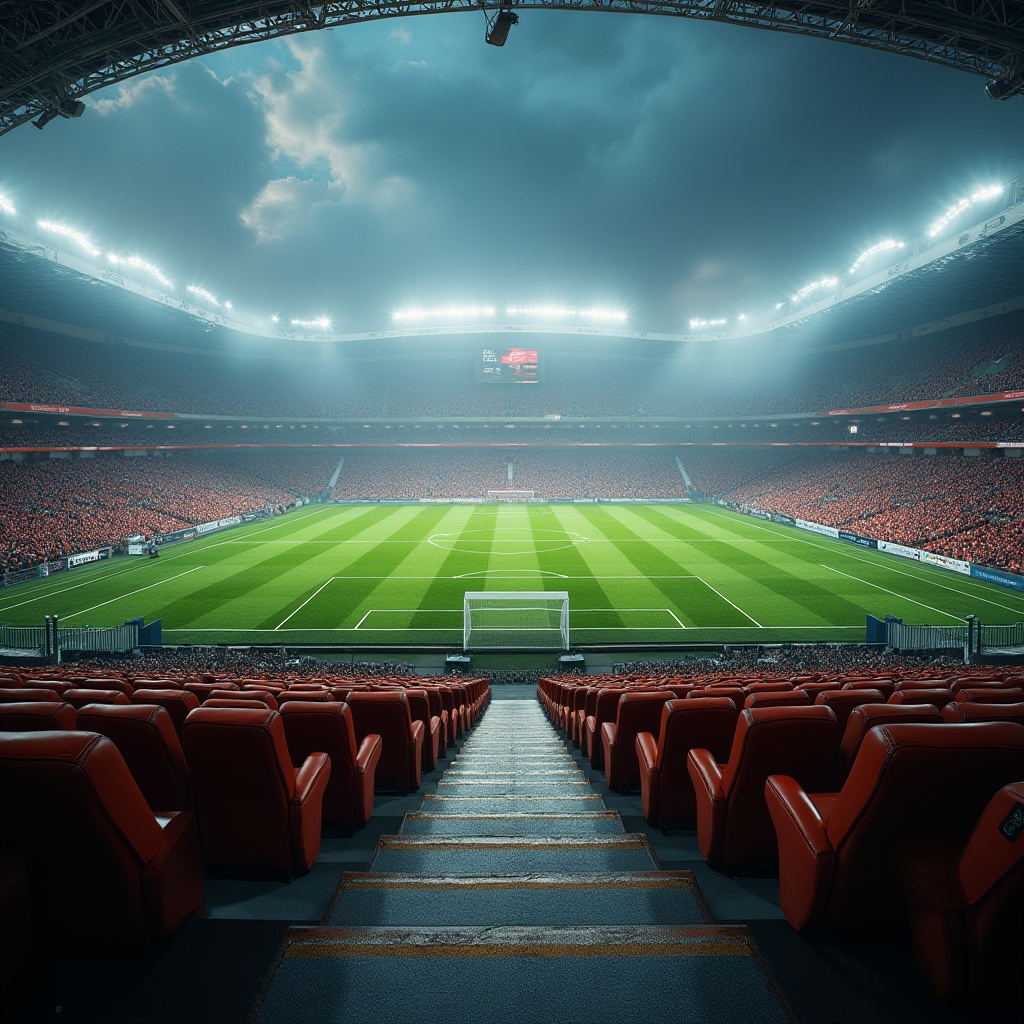 Prompt: Modern stadium, luxurious VIP seats, soft cushioning, premium leather texture, intricate stitching details, glossy metal handrails, vibrant LED scoreboard display, lush green grass, realistic 3D turf blades, weathered concrete steps, rusty metal fences, atmospheric fog, dramatic spotlights, panoramic view, high-angle shot, cinematic composition.