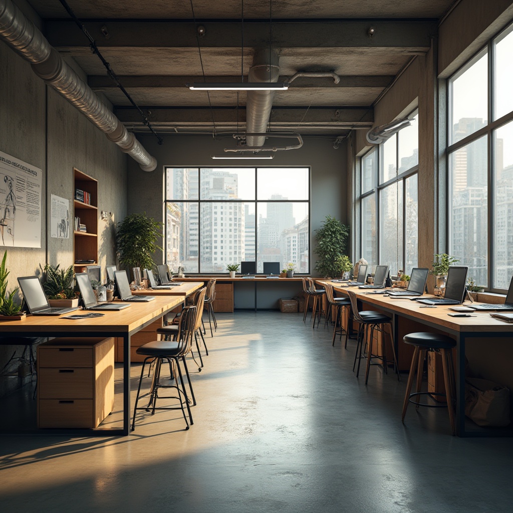 Prompt: Functional urban minimalism workshop, industrial chic interior, concrete walls, metal beams, wooden tables, modern stools, sleek laptops, scattered design books, creative chaos, natural light pouring through large windows, urban cityscape outside, blurred background, shallow depth of field, warm tone, 3/4 composition, symmetrical balance, subtle shadows, ambient lighting.