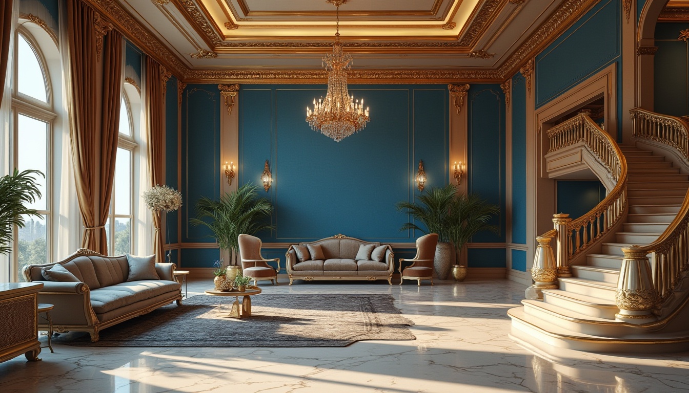 Prompt: Luxurious interior, sapphire blue accent wall, cream marble floors, golden metal frames, velvet couches, rich wood furniture, ornate chandelier, grand staircase, spacious high ceiling, lavish decorations, dramatic lighting, 3/4 composition, warm ambient light, cinematic mood, depth of field, realistic rendering.