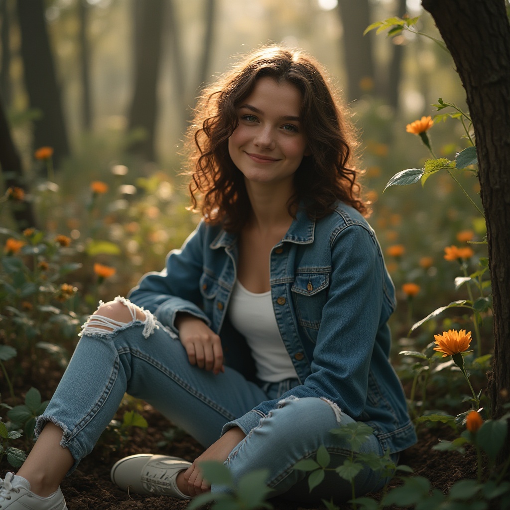 Prompt: Natural Integration, blending with the environment, girl, 18yo, gentle smile, soft makeup, curly brown hair, casual wear, denim jacket, white tank top, ripped jeans, sneakers, sitting, lying down, or standing, seamlessly merging with nature, forest, trees, vines, flowers, bushes, misty atmosphere, warm sunlight filtering through leaves, subtle shadows, natural colors, earthy tones, soft focus, cinematic composition, depth of field.