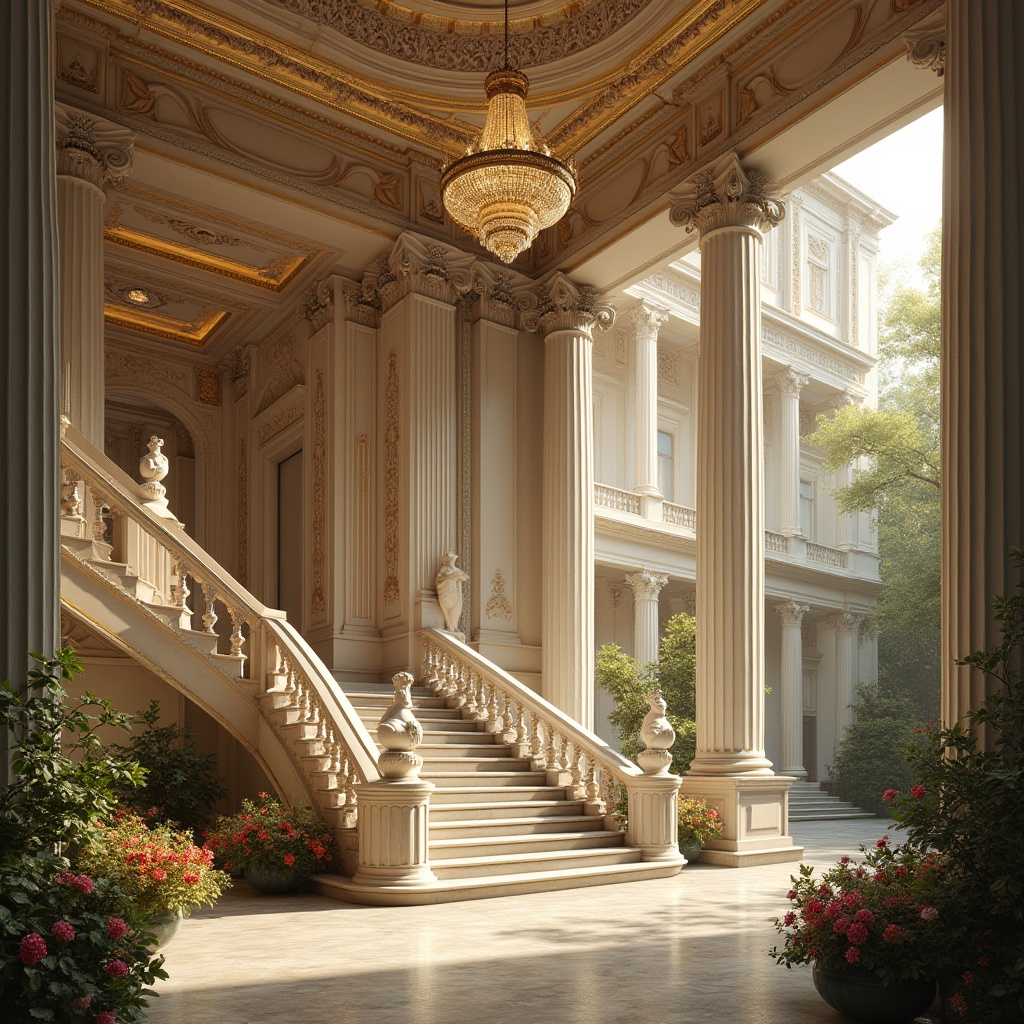 Prompt: Grand, neoclassical building, intricate architectural detailing, ornate facade, ionic columns, carved marble, golden ornaments, grand staircase, crystal chandelier, luxurious interior, high ceiling, ornate moldings, rich tapestry, velvet drapes, afternoon sunlight, soft warm lighting, cinematic composition, shallow depth of field, classical statues, fountain, courtyard garden, blooming flowers, trees, vibrant greenery.