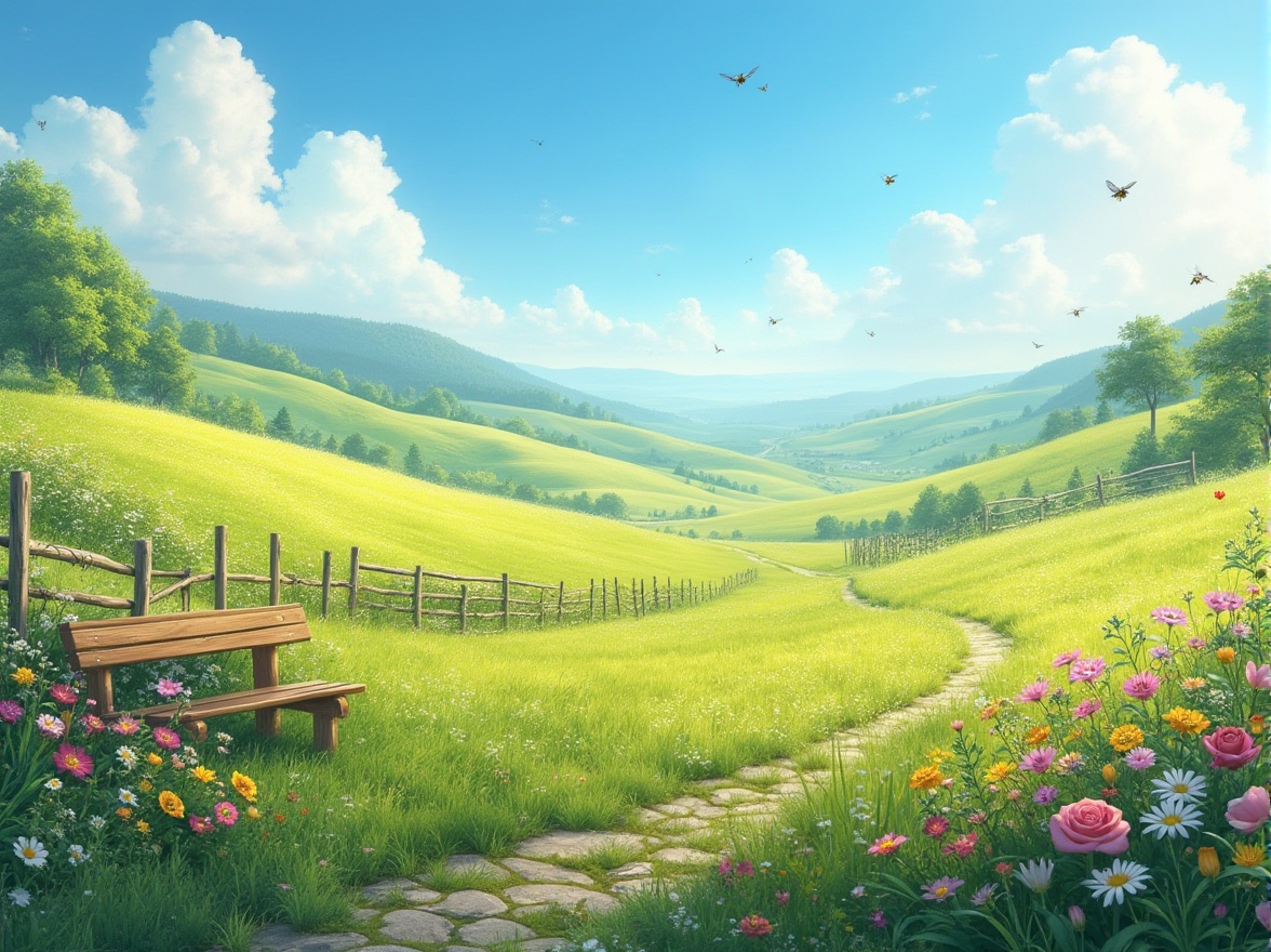 Prompt: Vibrant meadow, rolling hills, lush green grass, colorful wildflowers, sunny day, clear blue sky, few white clouds, gentle breeze, serene atmosphere, natural scenery, wooden benches, rustic fences, stone pathways, vibrant floral arrangements, bees flying around, butterflies fluttering, soft warm lighting, panoramic view, 3/4 composition.