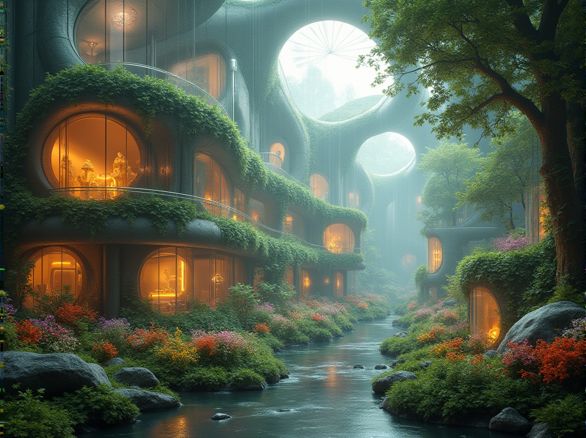 Prompt: Surrealistic landscape integration, blending with nature, futuristic architecture, curved lines, iridescent glass, neon lights, lush greenery, vines crawling up walls, flowers blooming in every color, misty atmosphere, soft focus, dreamy ambiance, shallow depth of field, 3/4 composition, warm golden lighting, panoramic view.