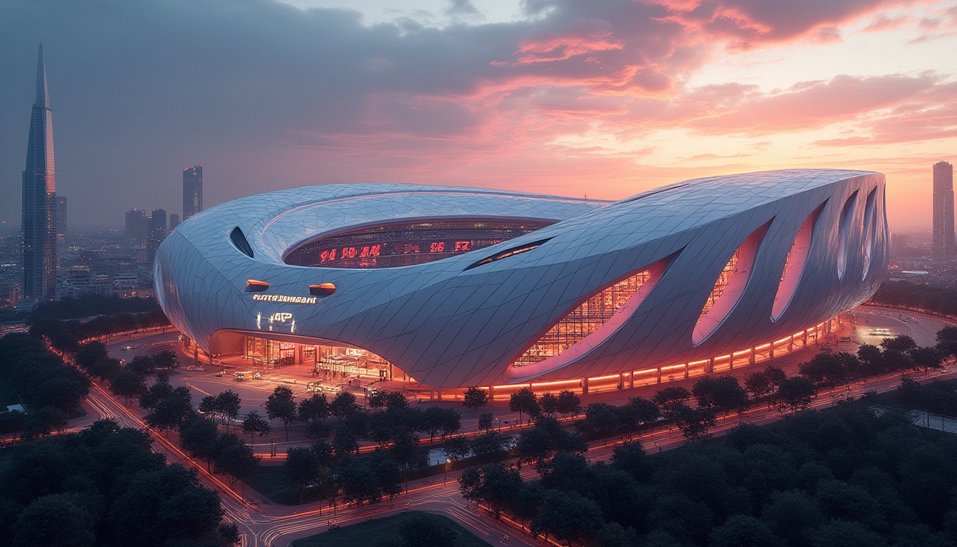 Prompt: Modern stadium, futuristic facade design, sleek lines, metallic materials, LED lights, angular structures, dynamic shapes, urban landscape, cityscape, evening scene, warm lighting, soft focus, 3/4 composition, panoramic view, bird's eye view, sunset time, vibrant colors, abstract patterns, geometric forms, bold typography, massive scales, monumental architecture, athletic atmosphere.