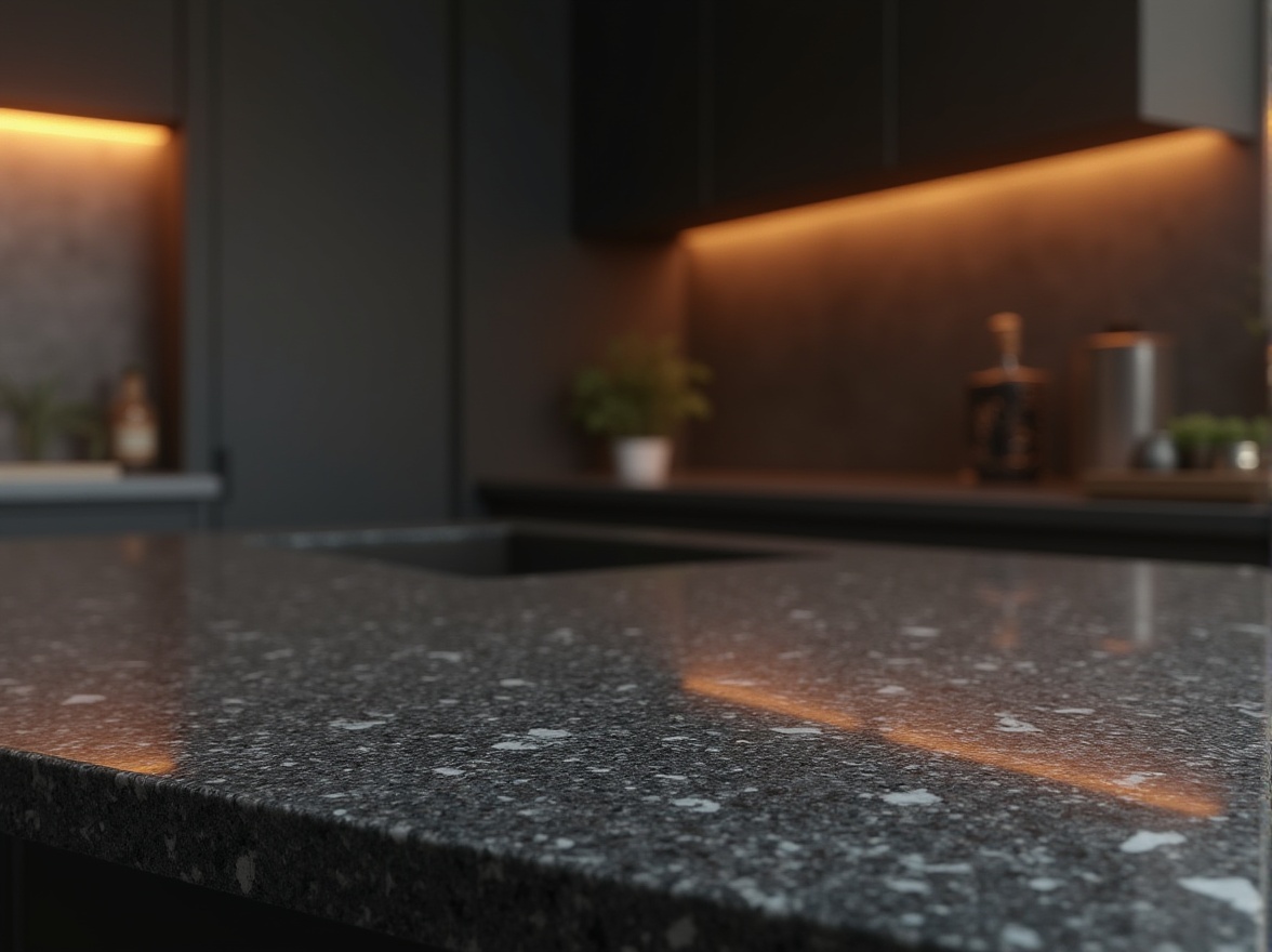 Prompt: Granite countertop, kitchen interior, modern decoration, luxurious atmosphere, shiny surface, flecks of mica, dark grey background, warm lighting, 3/4 composition, depth of field, realistic, ambient light, cinematic composition.