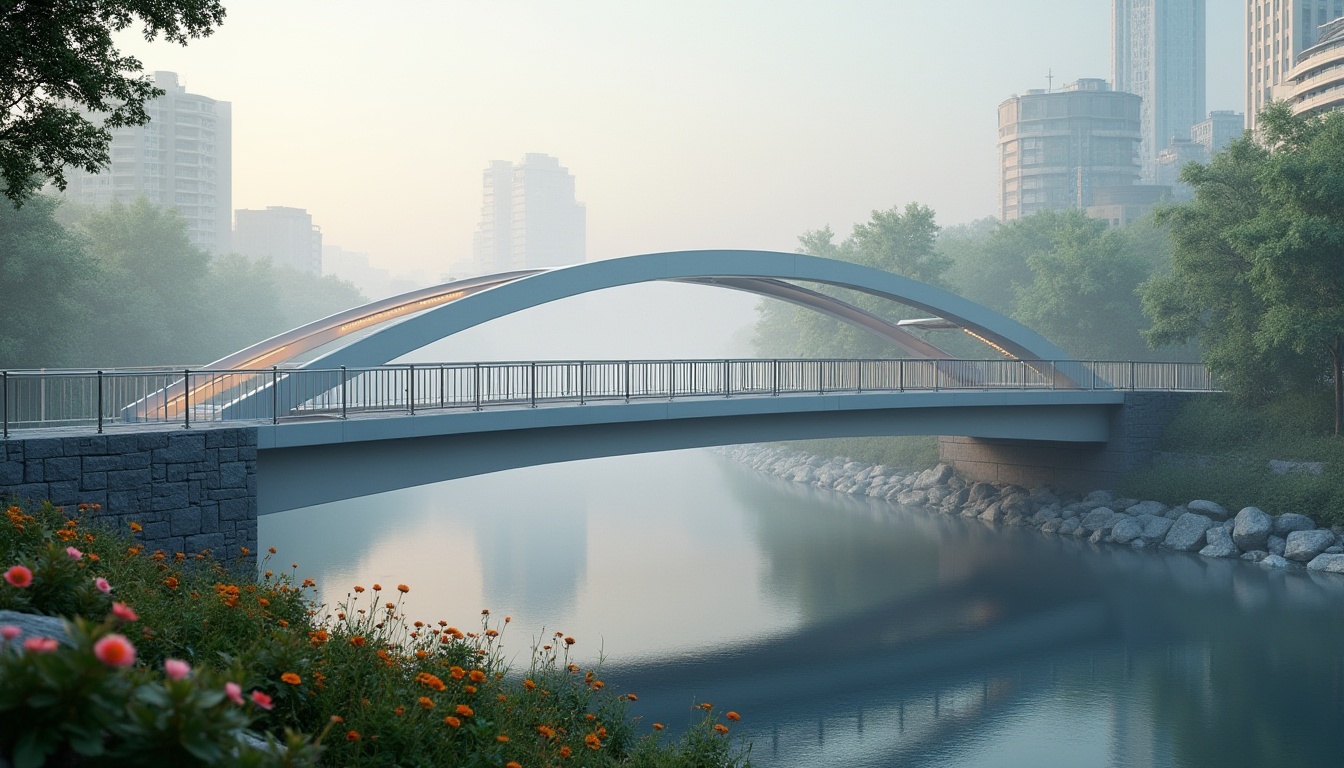 Prompt: Minimalist bridge, sleek lines, silver metal beams, smooth stone pavement, gentle arches, subtle LED lighting, misty morning atmosphere, soft fog rolling beneath, peaceful river flowing underneath, lush greenery on banks, vibrant wildflowers blooming, natural stone walls, elegant railings, serene urban background, 3/4 composition, cinematic lighting.