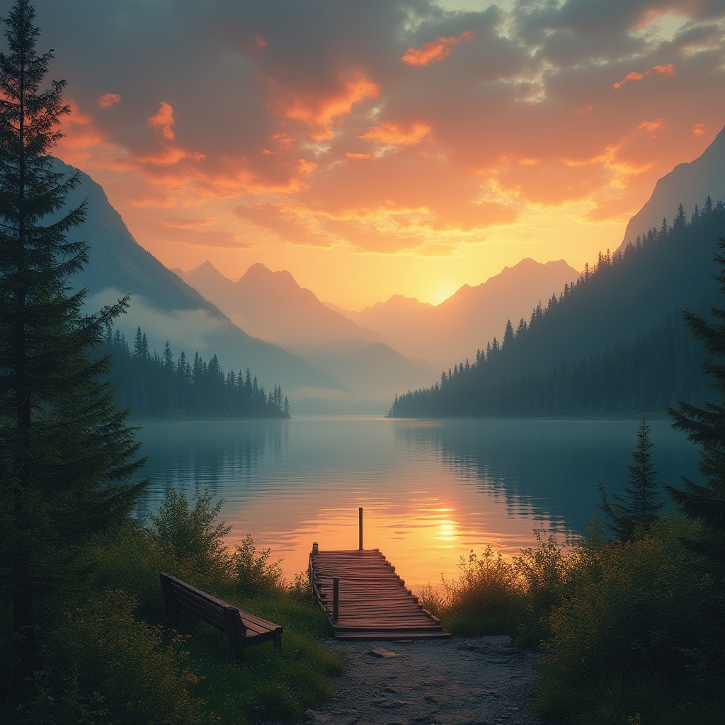 Prompt: Vibrant color palette, warm sunset hues, golden yellow, burnt orange, deep crimson, misty blue, soft peach, pastel pink, lush greenery, misty atmosphere, warm lighting, cinematic composition, 3/4 view, dramatic clouds, majestic mountains, serene lake, peaceful forest, wooden dock, rustic benches, twinkling stars, moonlight, HDR.