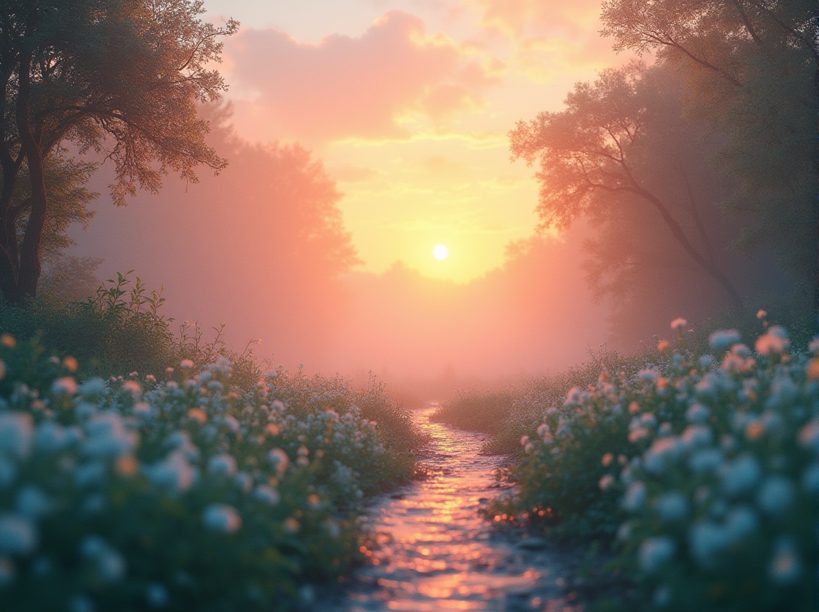 Prompt: Vibrant colorful scene, warm sunset atmosphere, golden hour, pastel hues, soft peach tone, creamy whites, rich turquoise, deep blues, lush greenery, mystical mist, whimsical ambiance, dreamy quality, soft focus, bokeh effect, 3/4 composition, dramatic lighting, cinematic mood.