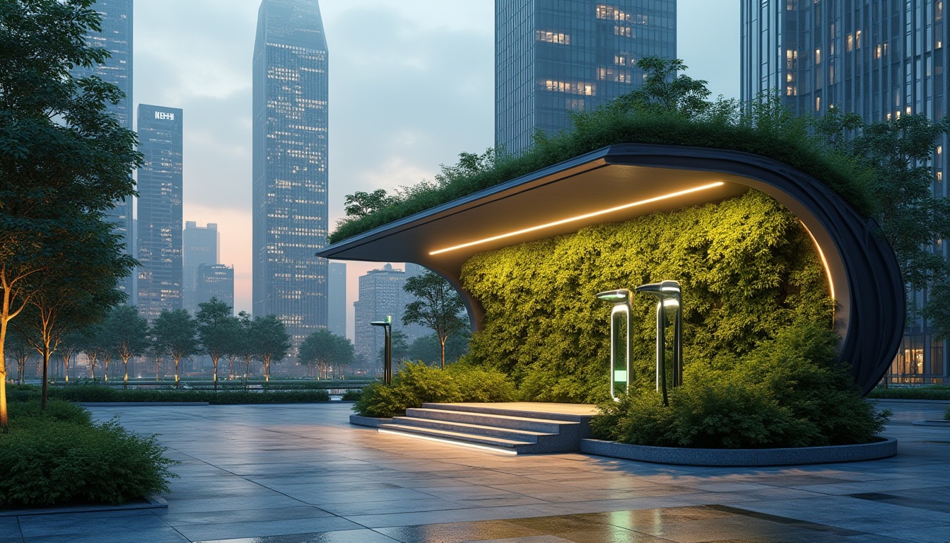 Prompt: Urban landscape, futuristic charging station, sleek metal structure, LED lights, greenery integration, vertical garden, solar panels, modern architecture, cityscape, evening atmosphere, warm lighting, shallow depth of field, 3/4 composition, urban planning, eco-friendly design.