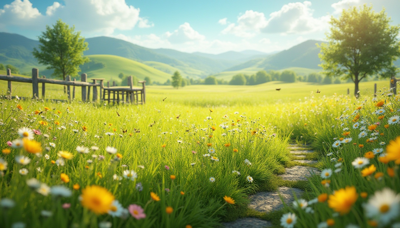 Prompt: Sunny meadow landscape, vibrant green grass, colorful wildflowers blooming, buzzing bees, fluttering butterflies, gentle breeze, serene atmosphere, rolling hills, wooden fence in distance, single tree with shade, natural stone path, comfortable bench, warm lighting, 3/4 composition, soft focus, shallow depth of field.