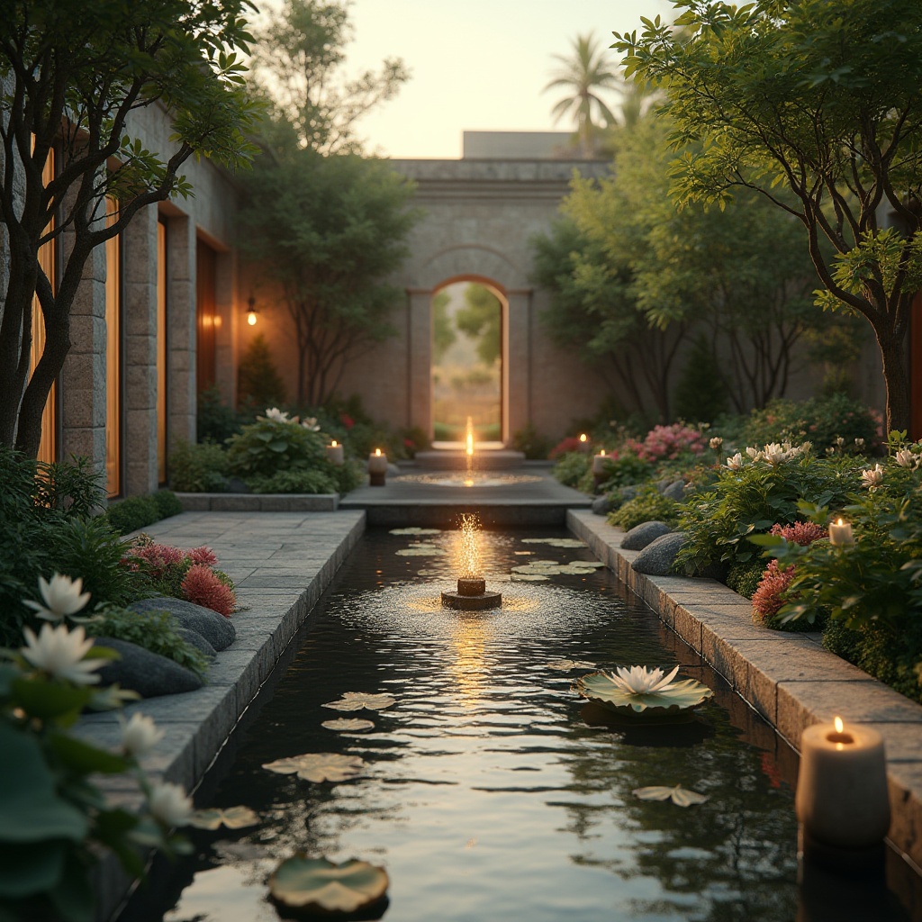 Prompt: Serenity infused scenery, incorporating water features, tranquil atmosphere, luxurious villa, private courtyard, natural stone walls, lush greenery, vibrant flowers, sparkling fountain, gentle ripples on the pond surface, floating lotus leaves, wooden bridge, rustic lanterns, warm soft lighting, golden hour, cinematic composition, 3/4 view angle, depth of field, realistic rendering.