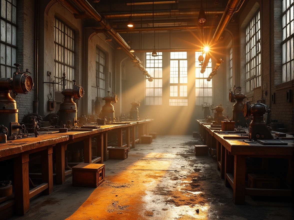 Prompt: Industrial workshop, golden color accents, metallic sheen, rusty tone, vintage machinery, wooden workbenches, metal tools scattered, warm lighting, afternoon sunbeam, dusty atmosphere, old factory windows, brick walls, concrete floor, iron beams, wooden crates, leather aprons, gloves, goggles, welding sparks, steam pipes, distressed textures, realistic ambiance, 3/4 composition, shallow depth of field, cinematic mood, high contrast.