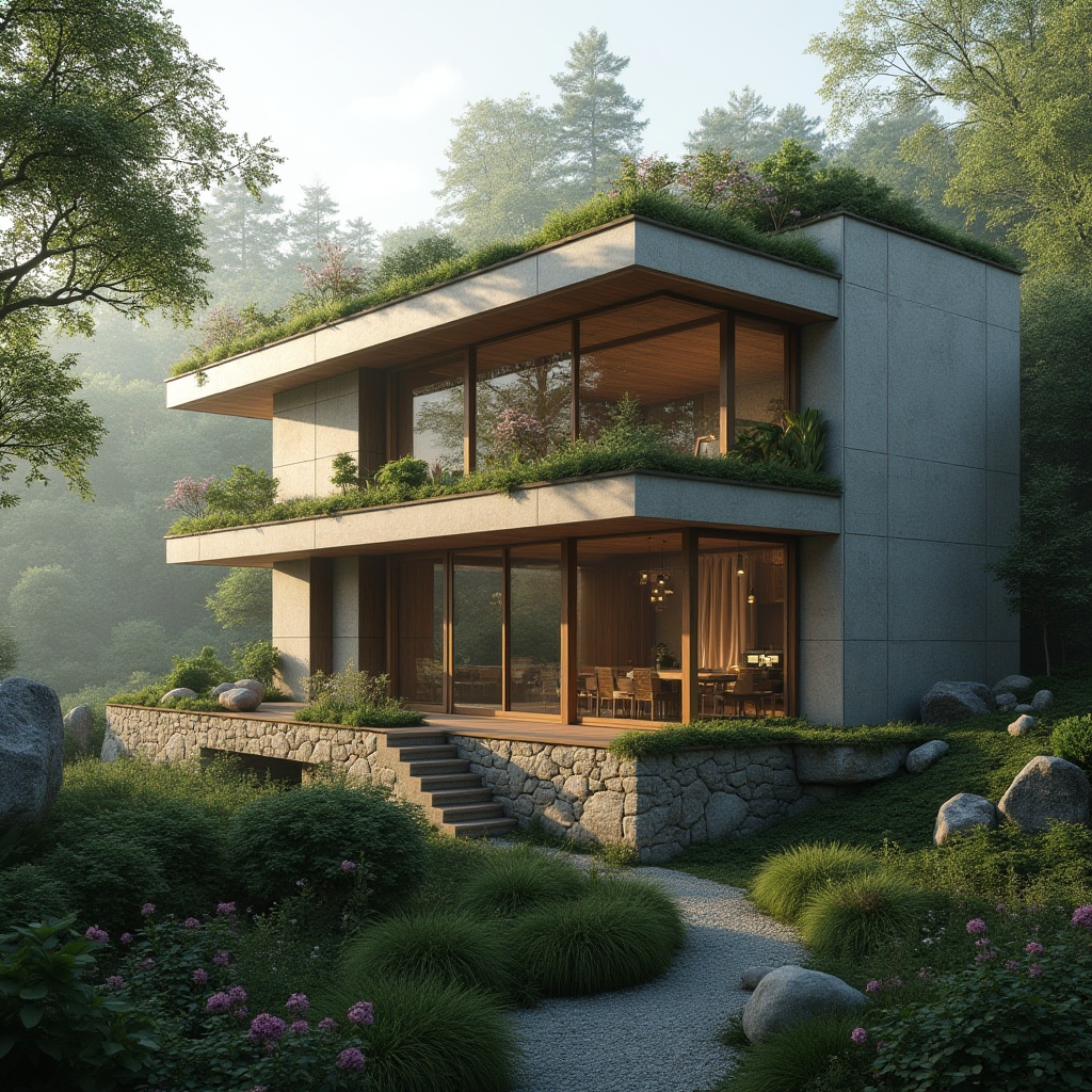 Prompt: Modern building, integrated landscape, green roof, lush vegetation, natural stone facade, floor-to-ceiling windows, minimalist interior design, wooden accents, natural light pouring in, serene atmosphere, surrounded by trees, forest scenery, misty morning, soft warm lighting, 3/4 composition, cinematic depth of field, realistic rendering.