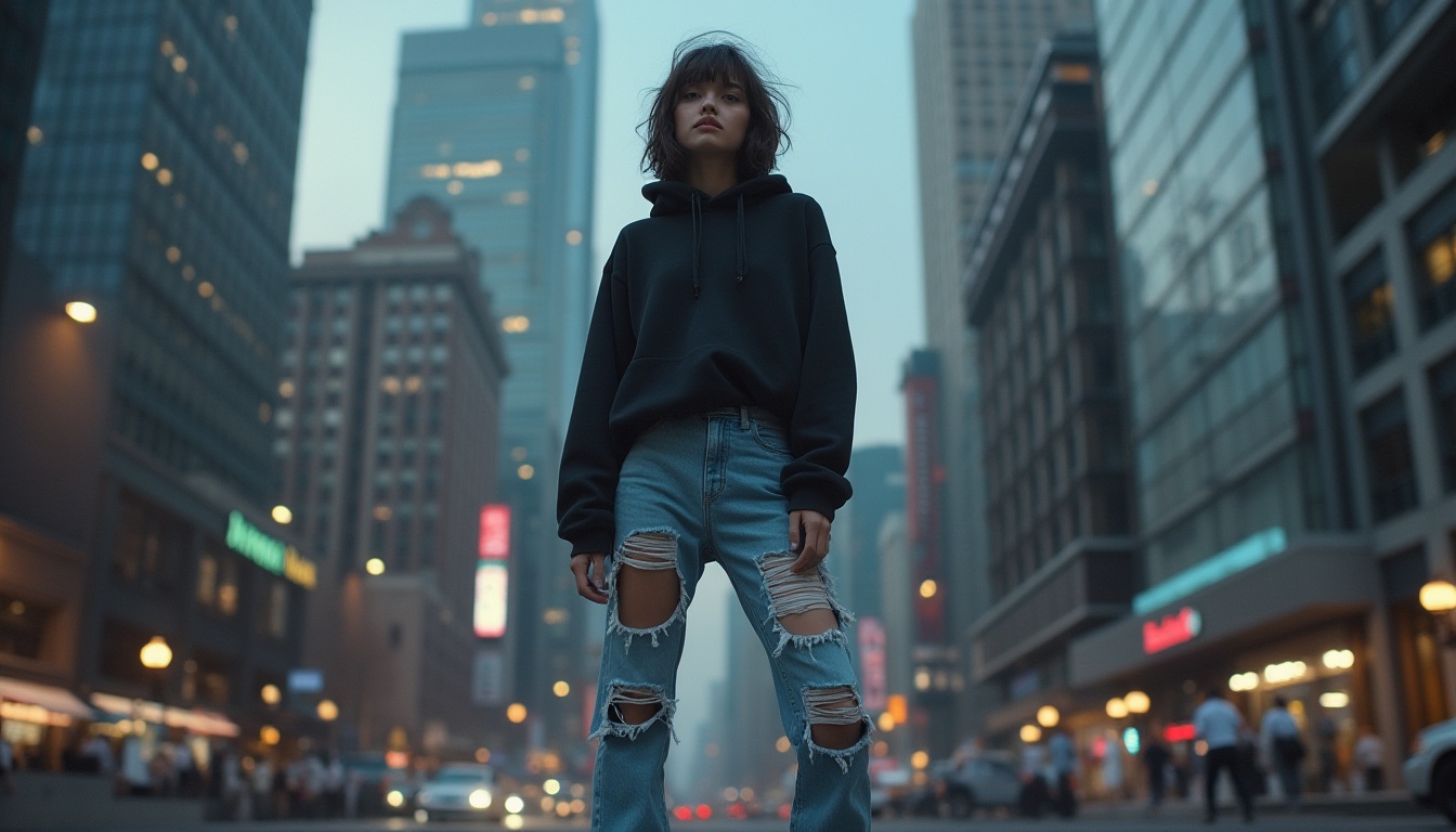 Prompt: Modern city girl, casual wear, ripped jeans, white sneakers, loose black hoodie, messy bob haircut, no makeup, standing, urban integration, blending with surroundings, cityscape background, skyscrapers, busy streets, neon lights, evening atmosphere, subtle shadows, soft focus, cinematic composition, 3/4 view, shallow depth of field.