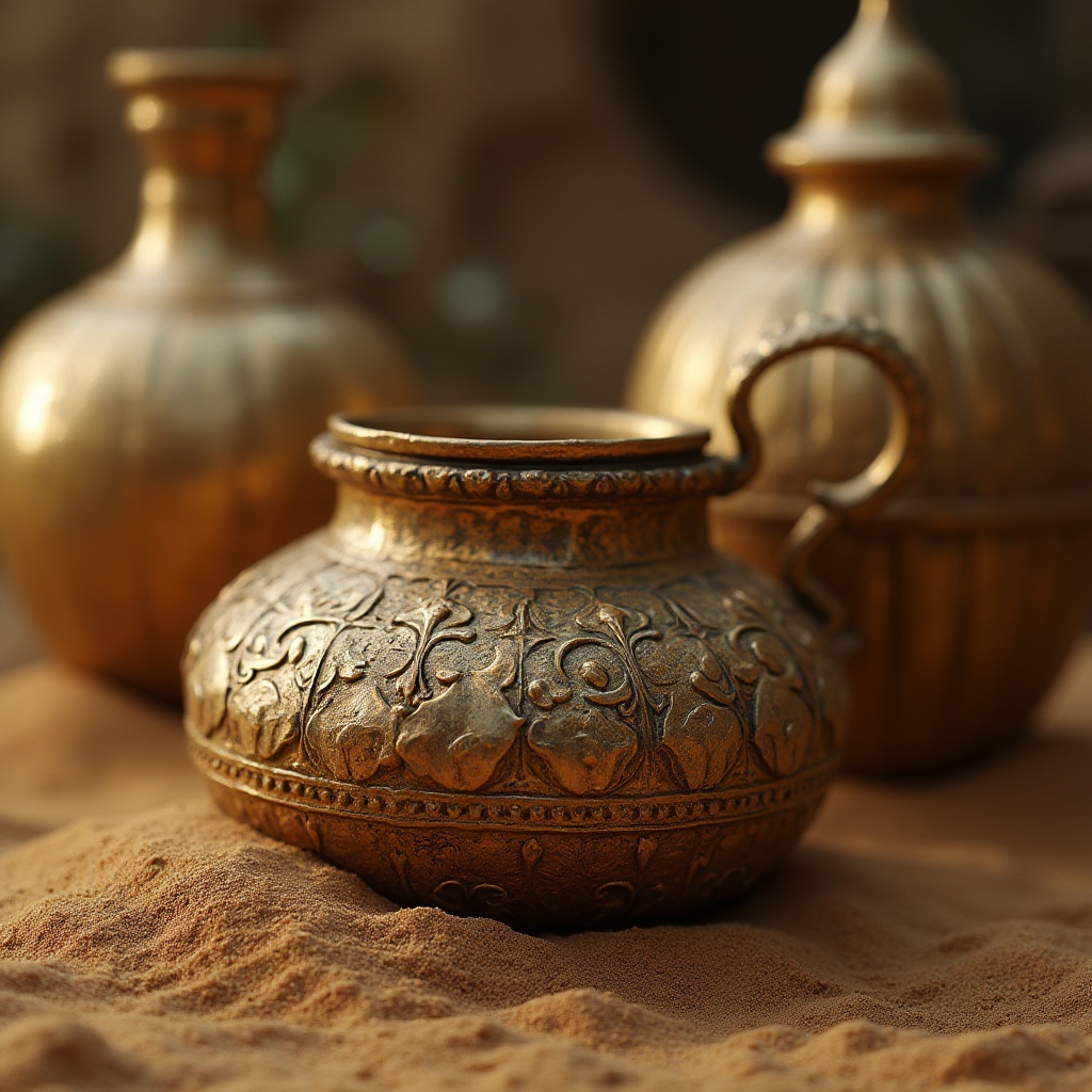 Prompt: Sand-casted, intricate metalwork, golden ornate details, rough sandy texture, weathered copper tone, ancient worn-out appearance, mystical artifacts, ornamental vases, delicate filigree patterns, luxurious decorative accents, vintage antique feel, warm soft lighting, close-up composition, shallow depth of field, realistic detailed render.