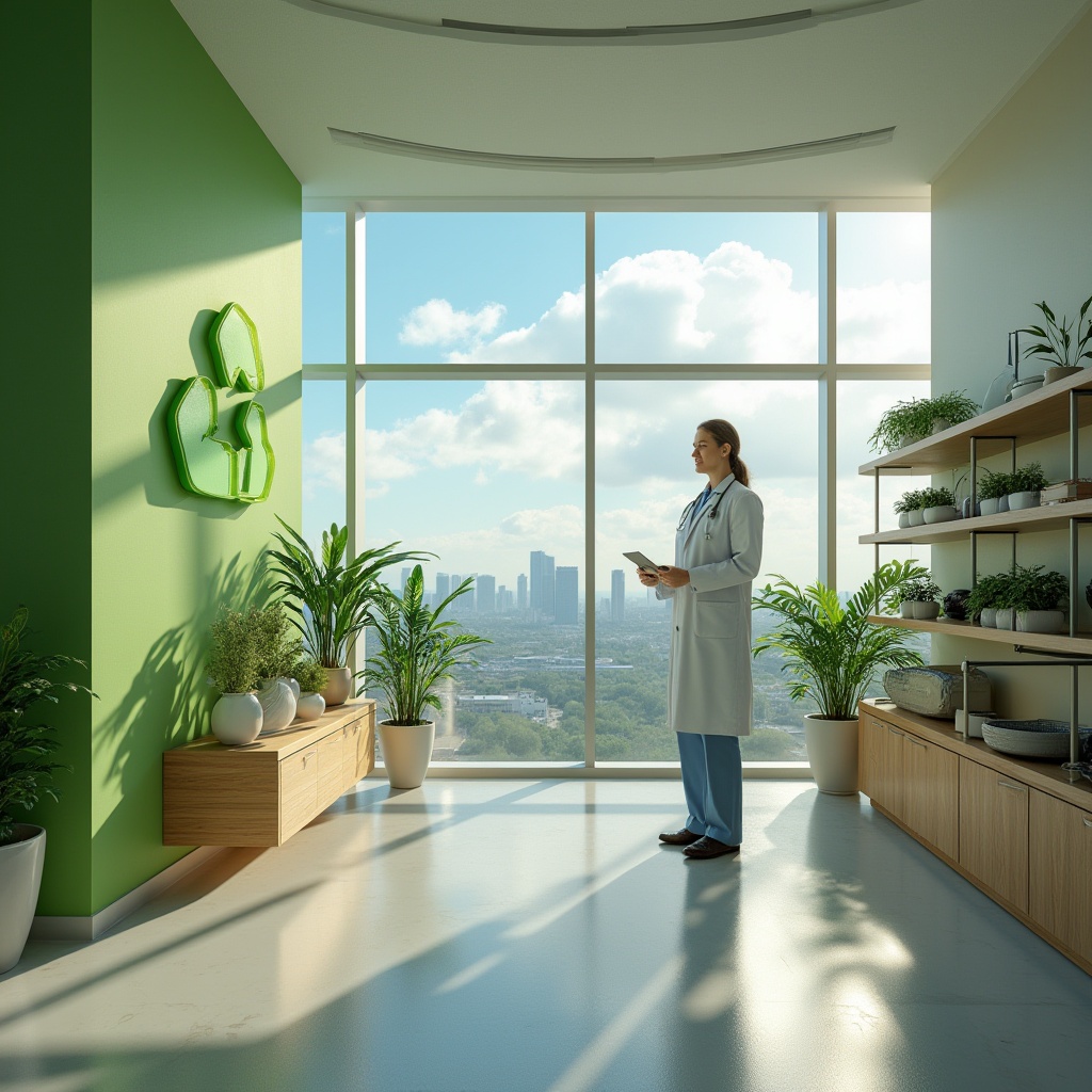 Prompt: Sustainable hospital, modern architecture, eco-friendly design, natural light, green walls, recycling symbol, doctor in white coat, stethoscope around neck, holding tablet, standing near glass wall, cityscape background, urban landscape, blue sky with white clouds, afternoon sunlight, warm color tone, shallow depth of field, environmental awareness, minimalist interior, wood accents, plants on shelves, energy-efficient equipment.