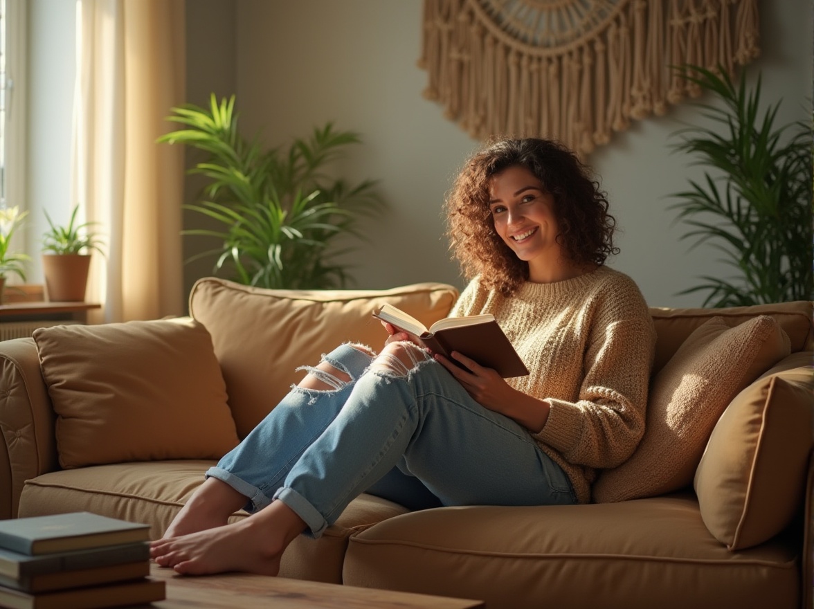 Prompt: Cozy living room, mature lady, 35yo, relaxed pose, reading a book, warm smile, curly brown hair, casual makeup, soft sweater, ripped jeans, barefoot, velvet sofa, wooden coffee table, macrame wall hanging, woven basket, greenery, natural light, afternoon sunbeam, warm color palette, soft focus, cinematic composition.