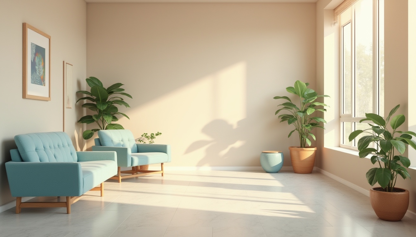 Prompt: Calming healthcare space, harmonious color palette, soft pastel shades, gentle beige walls, soothing blue furniture, warm wood accents, natural textures, plants with rounded leaves, subtle patterns, minimalist decor, ample natural light, diffused LED lighting, quiet atmosphere, peaceful ambiance, serene composition, shallow depth of field, realistic rendering, vibrant yet calming colors.