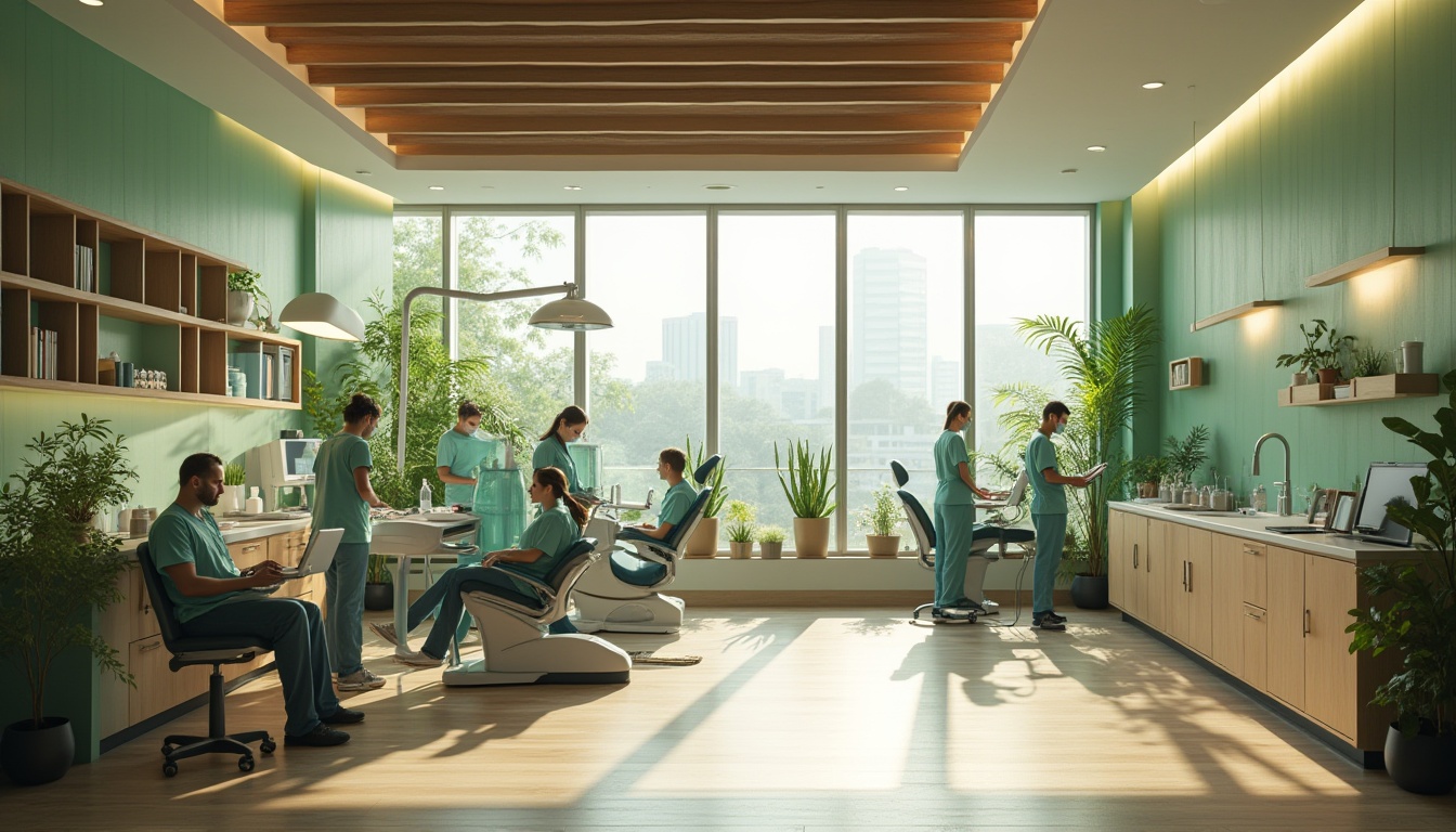 Prompt: Modern dental clinic, sustainable design, eco-friendly materials, recycling bins, natural light, large windows, green walls, plants, wooden furniture, minimalist decor, sleek lines, calming atmosphere, dentist and assistants in scrubs, patients in modern chairs, stainless steel equipment, LED lights, soft background music, warm color scheme, recyclable dental tools, energy-efficient lighting, solar panels on the roof, urban cityscape outside, morning light, shallow depth of field, 3/4 composition.