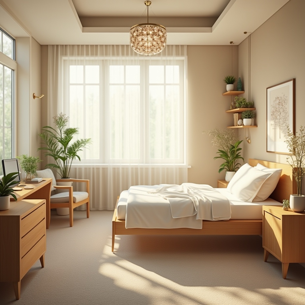 Prompt: Cozy hospital room, thoughtful interior design, patient comfort, natural light pouring in through large windows, soft beige walls, warm wooden furniture, comfortable bed with crisp white sheets, fluffy pillows, gentle curves, calming colors, plants on shelves, peaceful ambiance, minimal decorations, soft carpet flooring, elegant chandelier, relaxing atmosphere, 3/4 composition, soft focus, warm lighting.