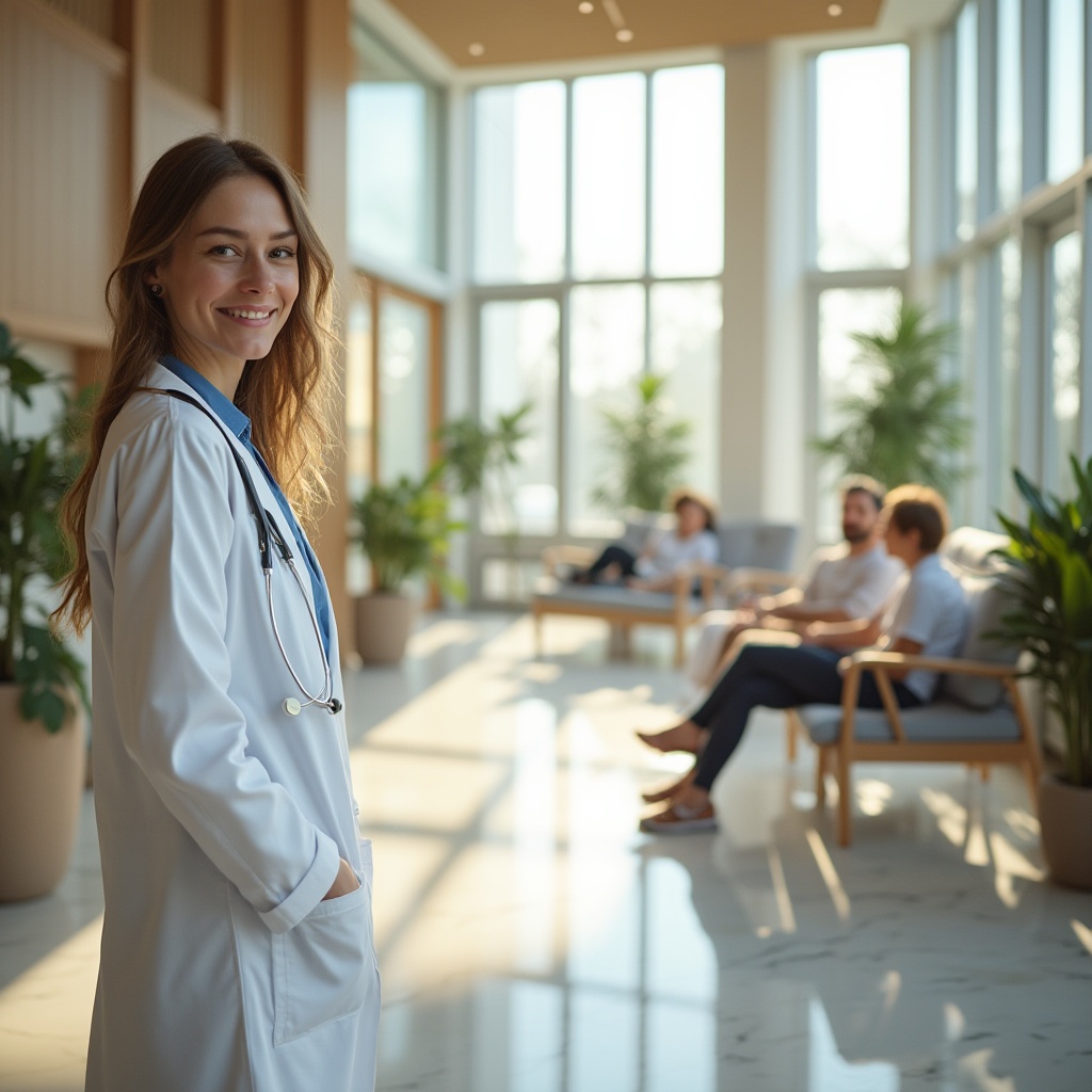 Prompt: Modern clinic interior, maximizing natural lighting, large windows, floor-to-ceiling glass walls, minimal obstructions, light-colored walls, polished marble floors, wooden accents, sleek furniture, doctor in white coat, stethoscope around neck, gentle smile, patients seated comfortably, plants scattered throughout, warm atmosphere, soft morning sunlight, indirect lighting, subtle shadows, 3/4 composition, shallow depth of field, realistic textures.