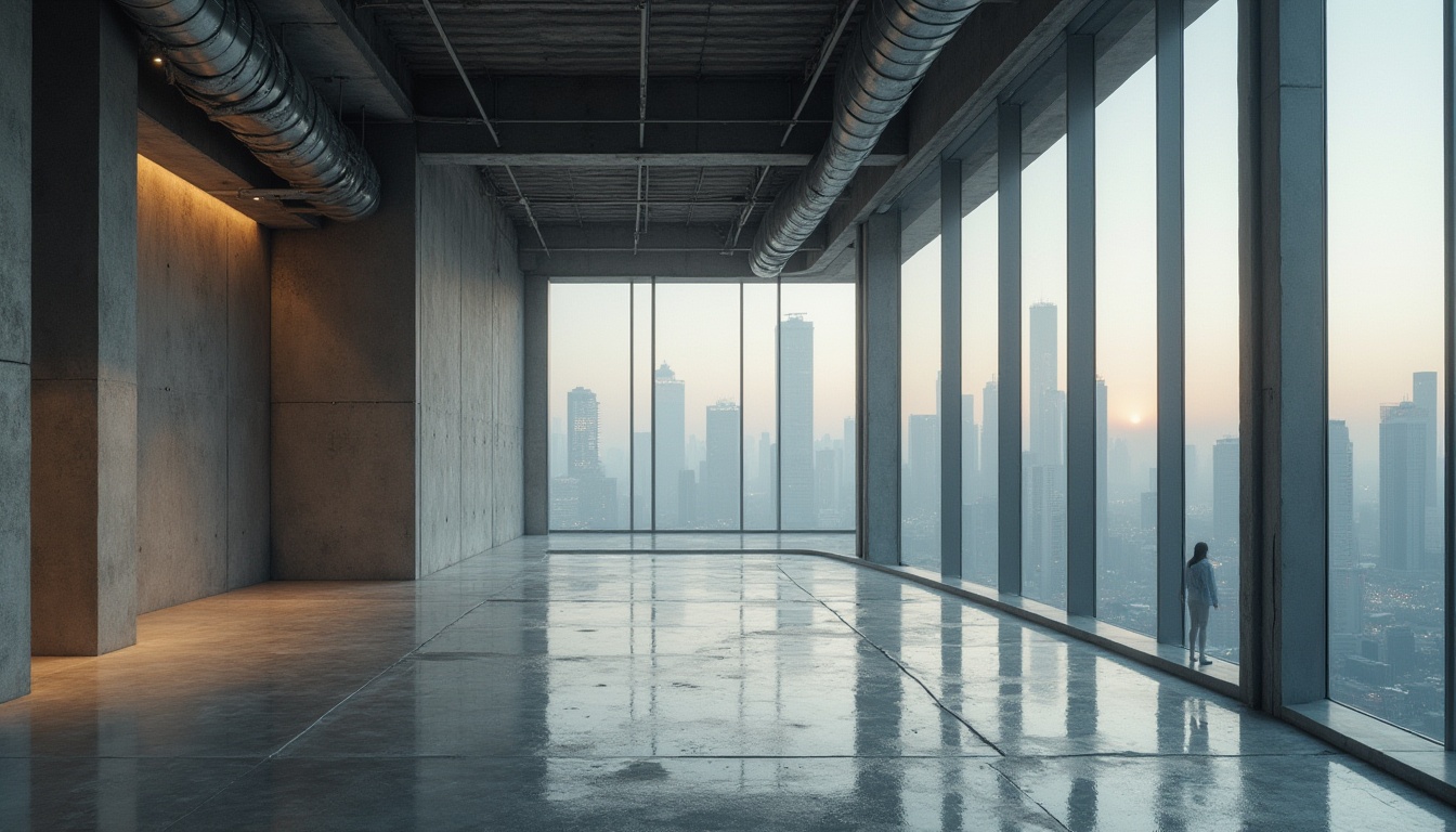 Prompt: industrial design, modern architecture, urban skyscraper, concrete building, brutalist style, minimalist interior, polished concrete floor, raw concrete wall, exposed ductwork, metal beams, industrial lighting, cityscape view, morning mist, high-angle shot, cinematic composition, neutral color palette, high-contrast lighting.